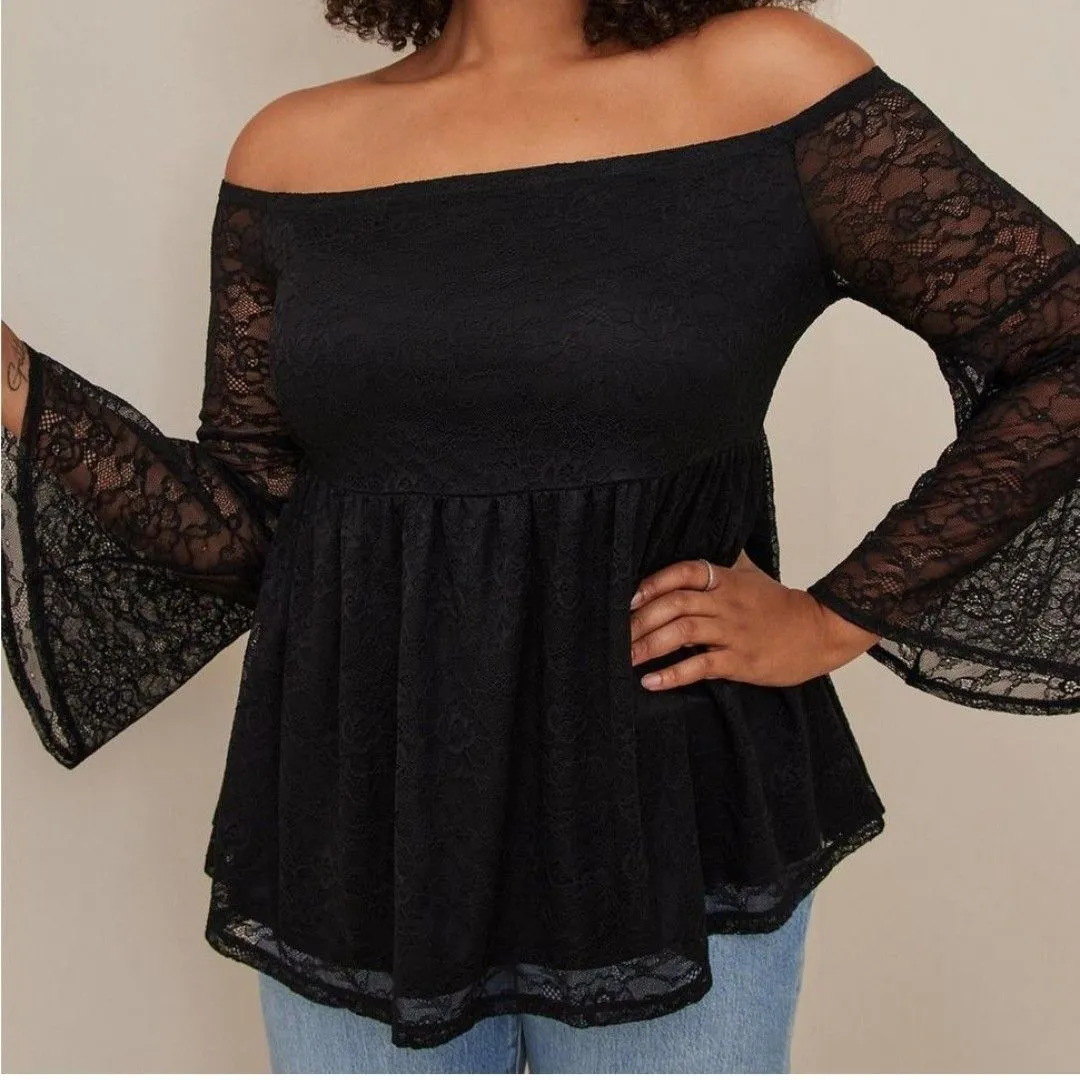 Product image for Torrid Stretch Off Shoulder Bell Sleeve Babydoll Size 1 Plus Size