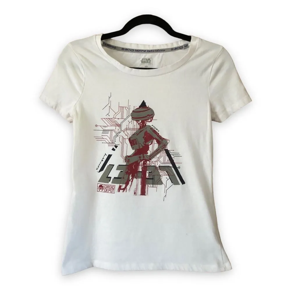 Product image for Star Wars Galaxy's Edge Droid Depot White Graphic T-Shirt L3-37 Size XS