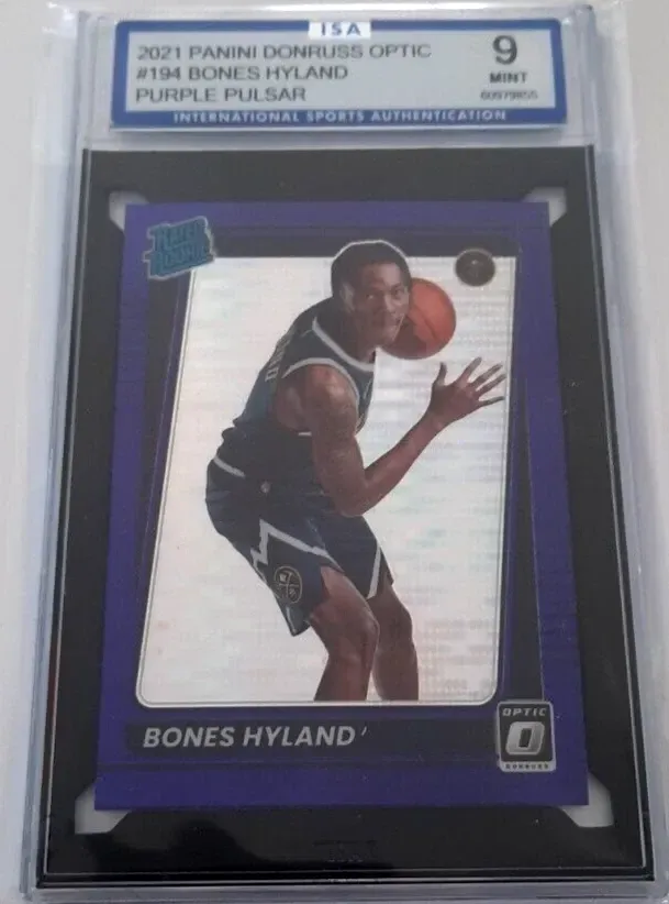 Product image for Nah'Shon "Bones" Hyland 2021-22 Donruss Optic Rated Rookie RC #194 Purple Pulsar International Sports Authentication (ISA 9 Mint