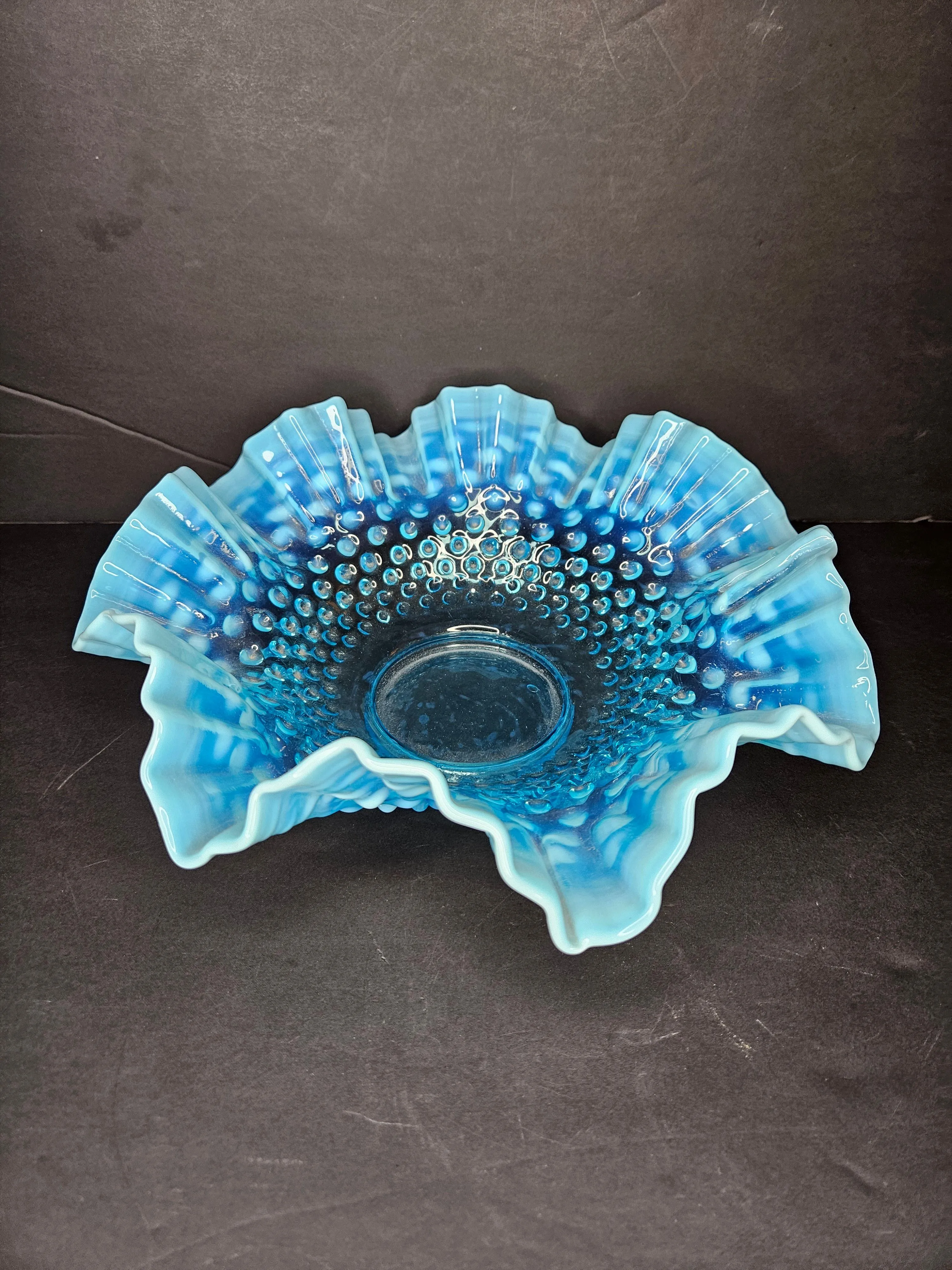 Product image for 1950's Fenton Blue Opalescent Hobnail Ruffled Bowl 
