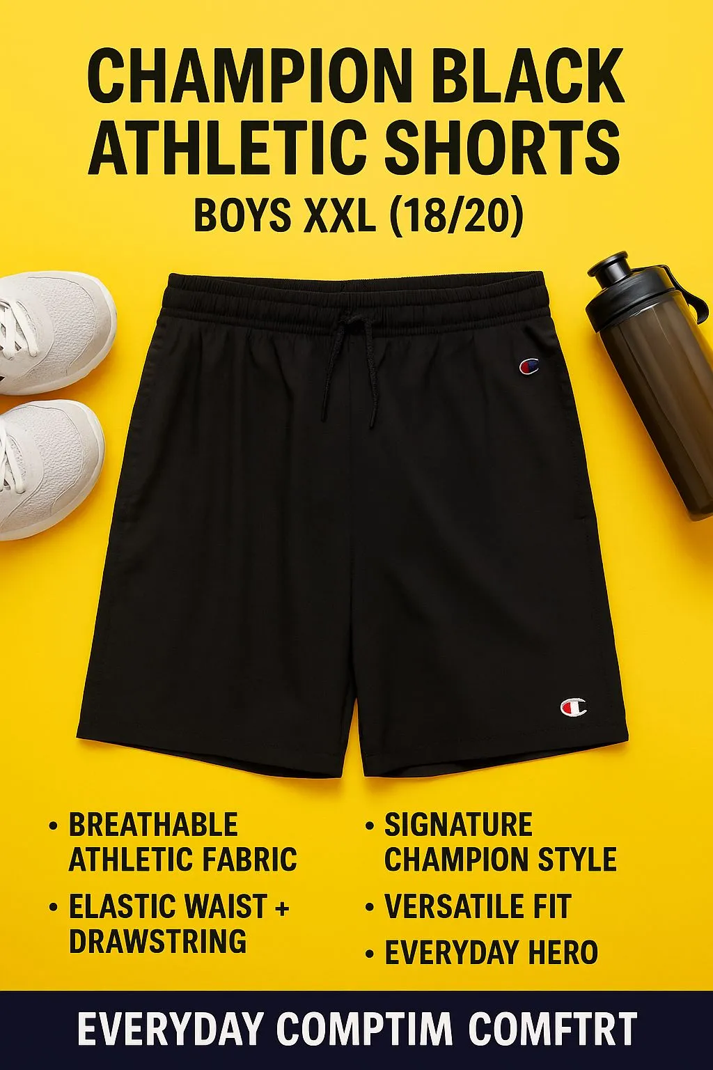Product image for Champion Black Athletic Shorts  Boys XXL (18/20) Everyday Comfort, Sporty Cool