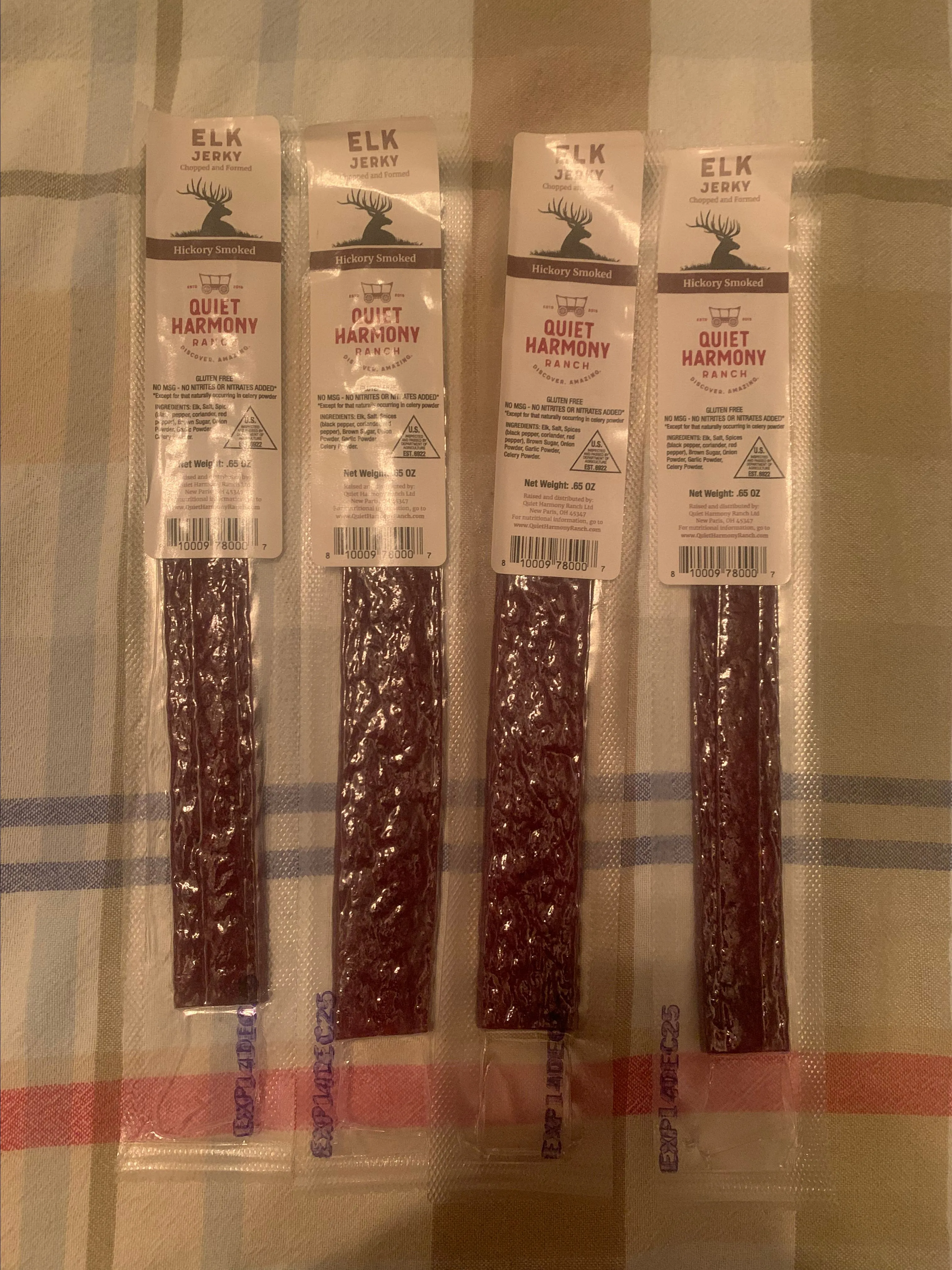 Product image for 4- 100% Elk Jerky HICKORY SMOKED with zero fat, zero nitrites, zero nitrates, zero msg's, packed