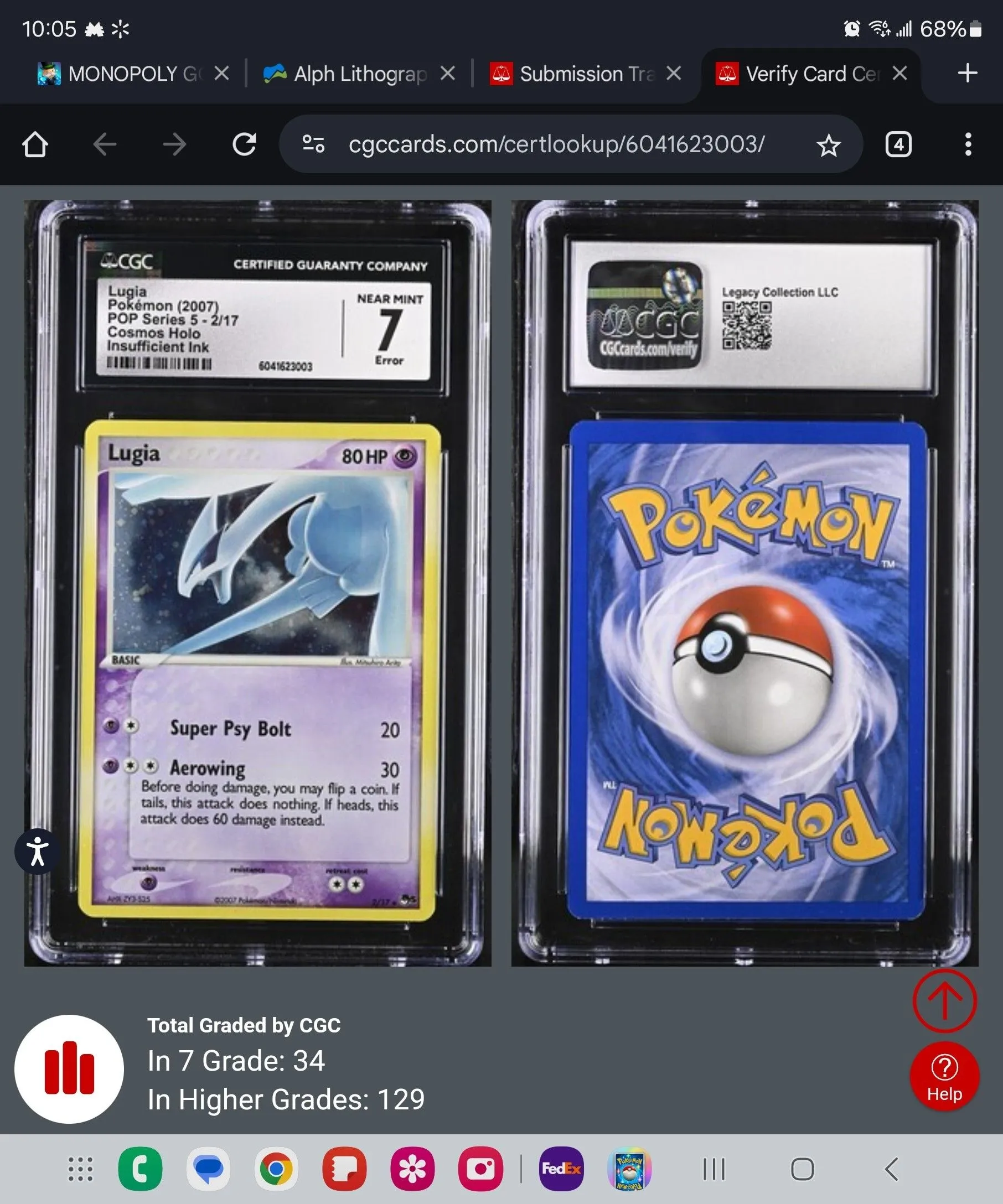 Product image for 2007 Lugia  - pop series 5 Cosmos holo ERROR - insufficient ink CGC 7.0 