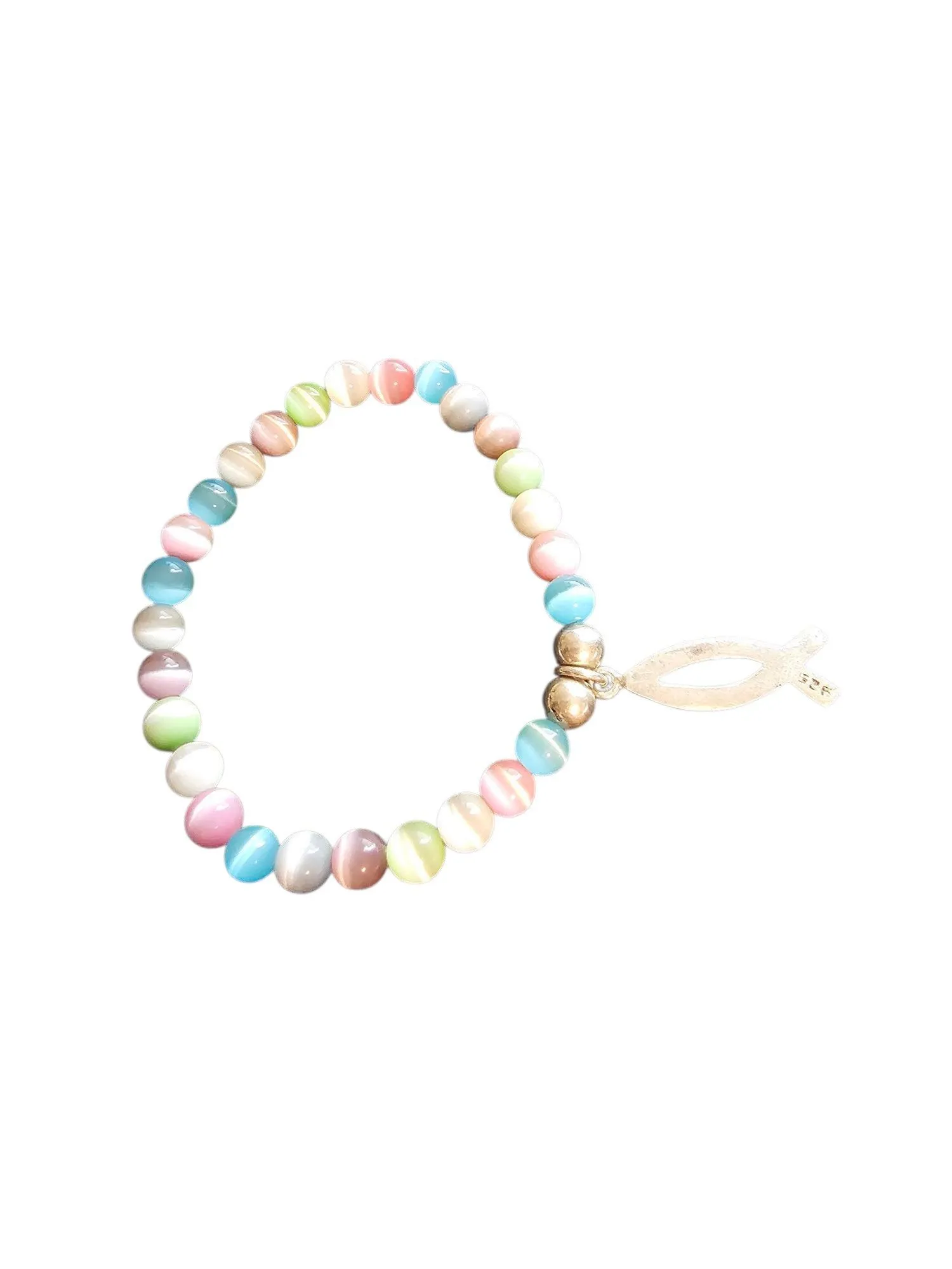 Product image for Cat's Eye Beaded Stretch Bracelet with Ichthus Religious Fish Charm
