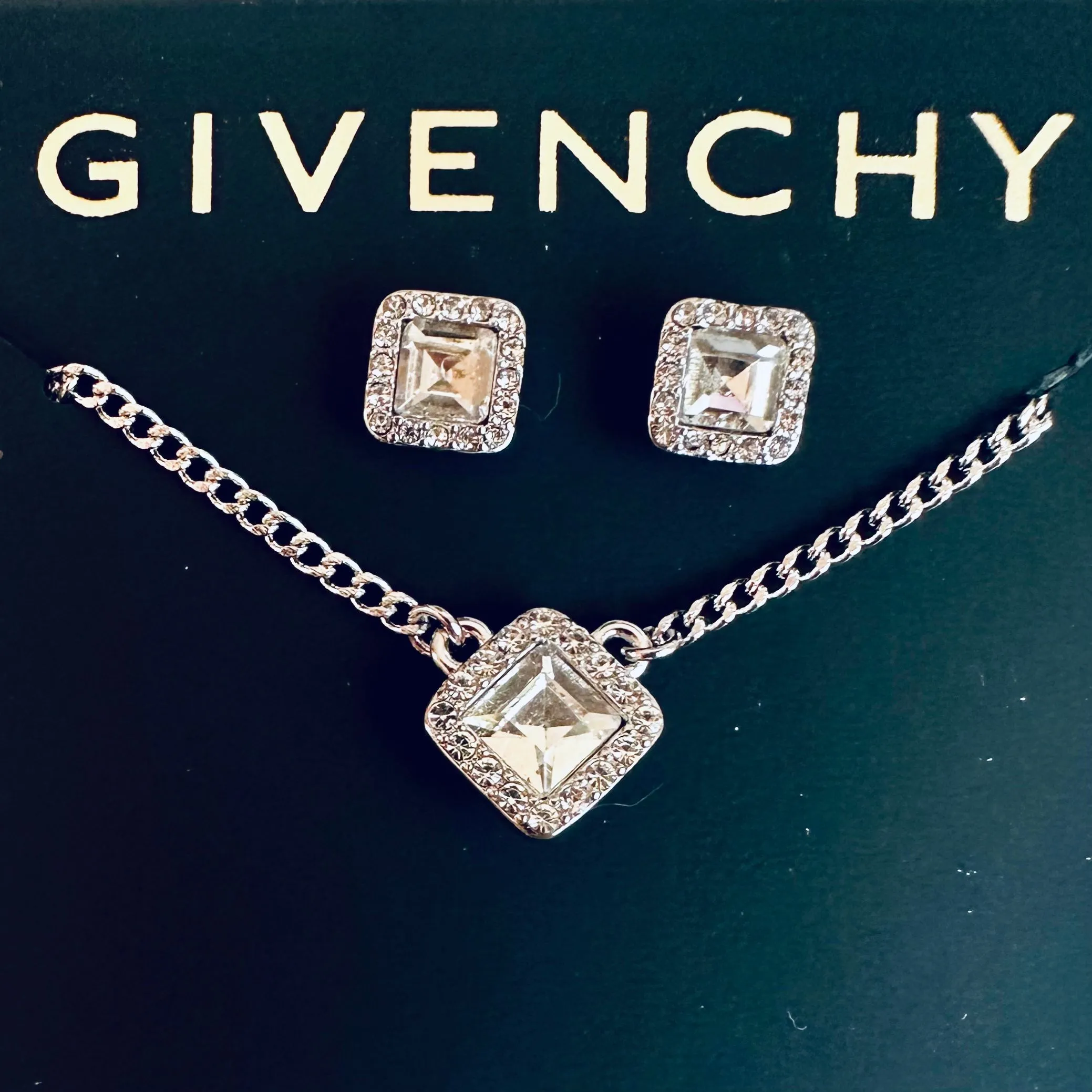 Product image for NWT Givency Silver Set Square Stone & Halo Pendant Necklace & Stud Earrings