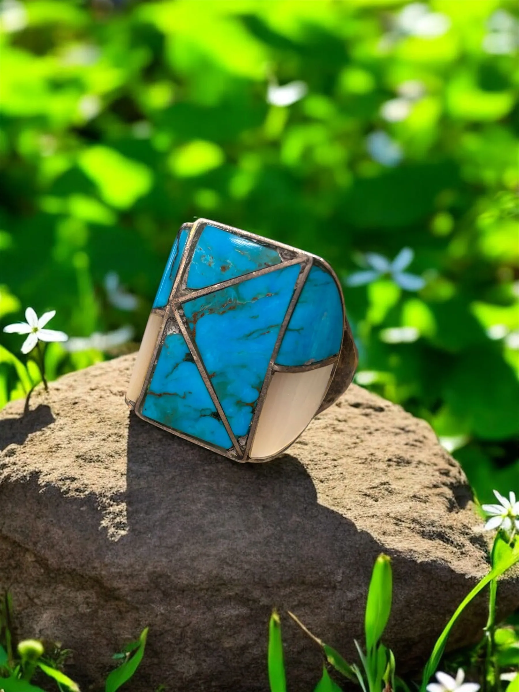 Product image for Sterling Silver Inlay Turquoise and Mother of Pearl Saddle Ring by Kirk Smith