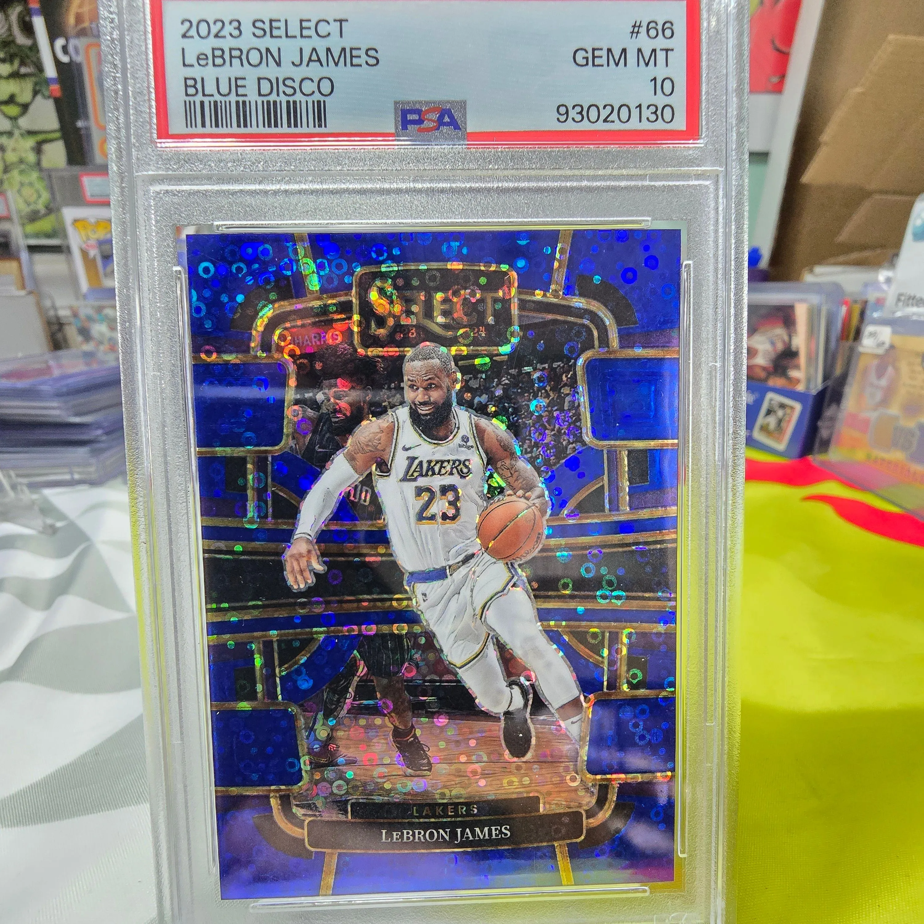 Product image for 2023-24 Select Lebron James /25 Concourse Blue Disco Prizm #66 PSA 10 Lakers