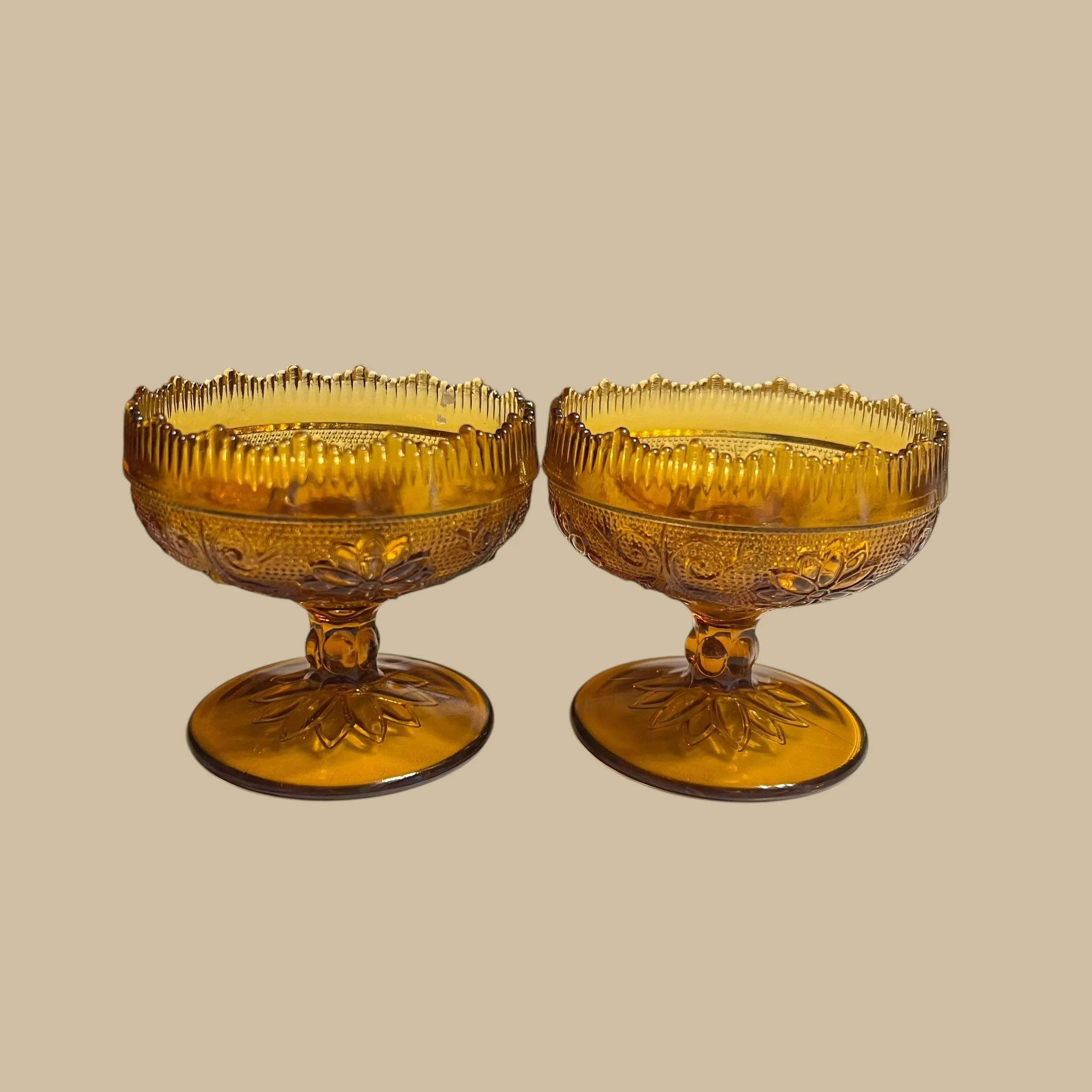 Product image for 232 Indiana tiara sandwich Amber glass pair of candlestick holders footed 3.5 x 3.5"