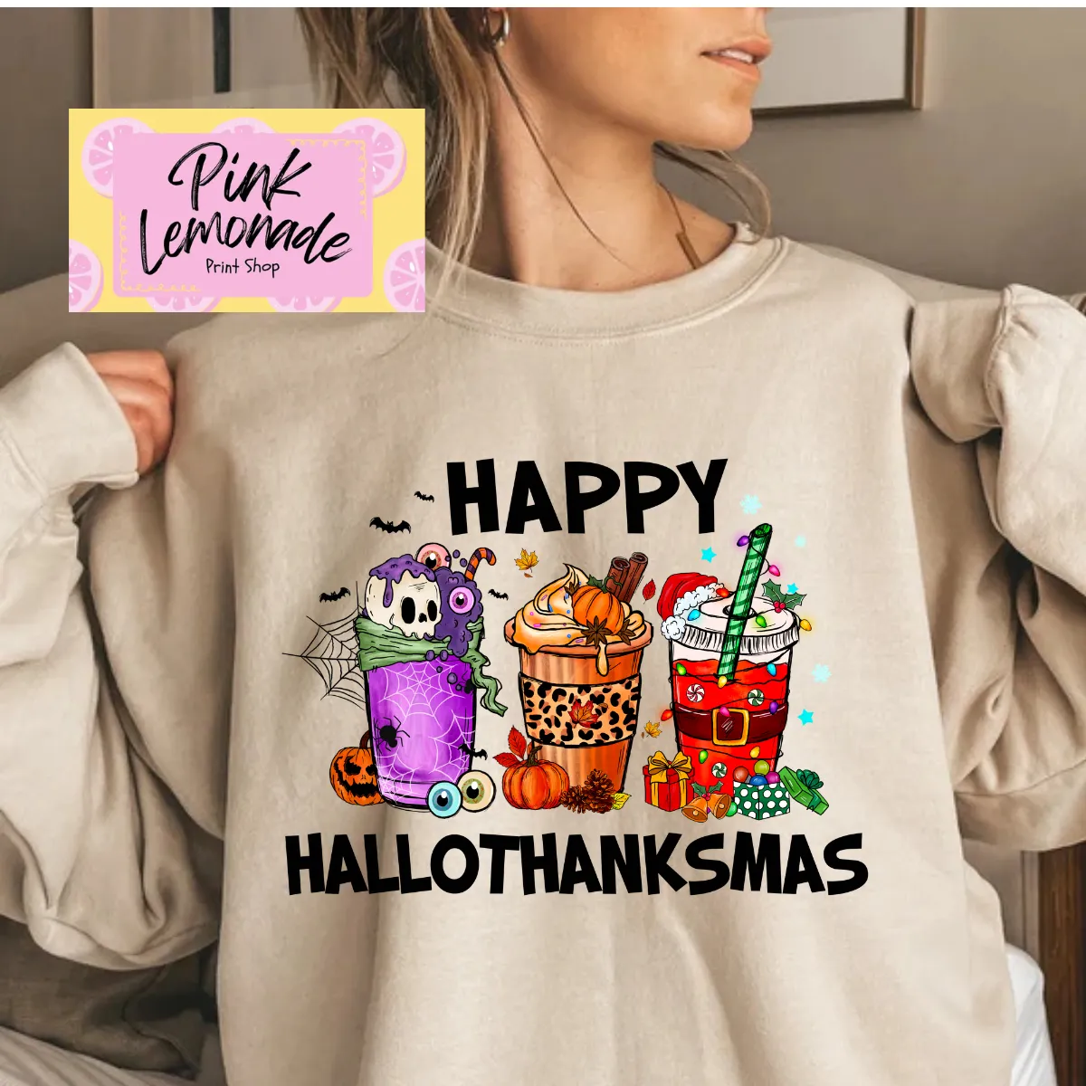Product image for Happy Hallothanksmas Drinks ( Tan long sleeve shirts)