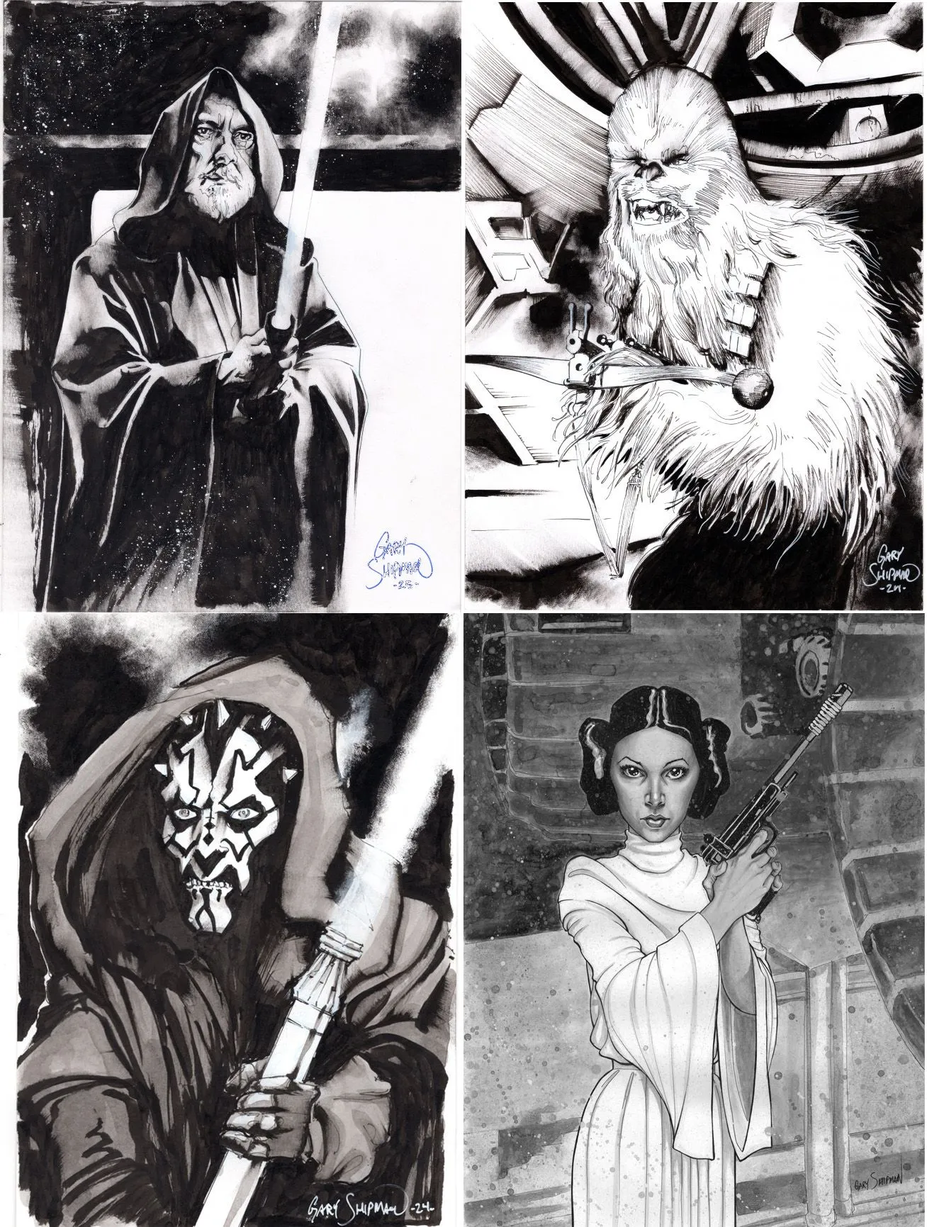 Product image for P Art Print | 4 Pack | Star Wars | Obi Own | Chewie | Darth Maul | Princess Leia | by Gary Shipman