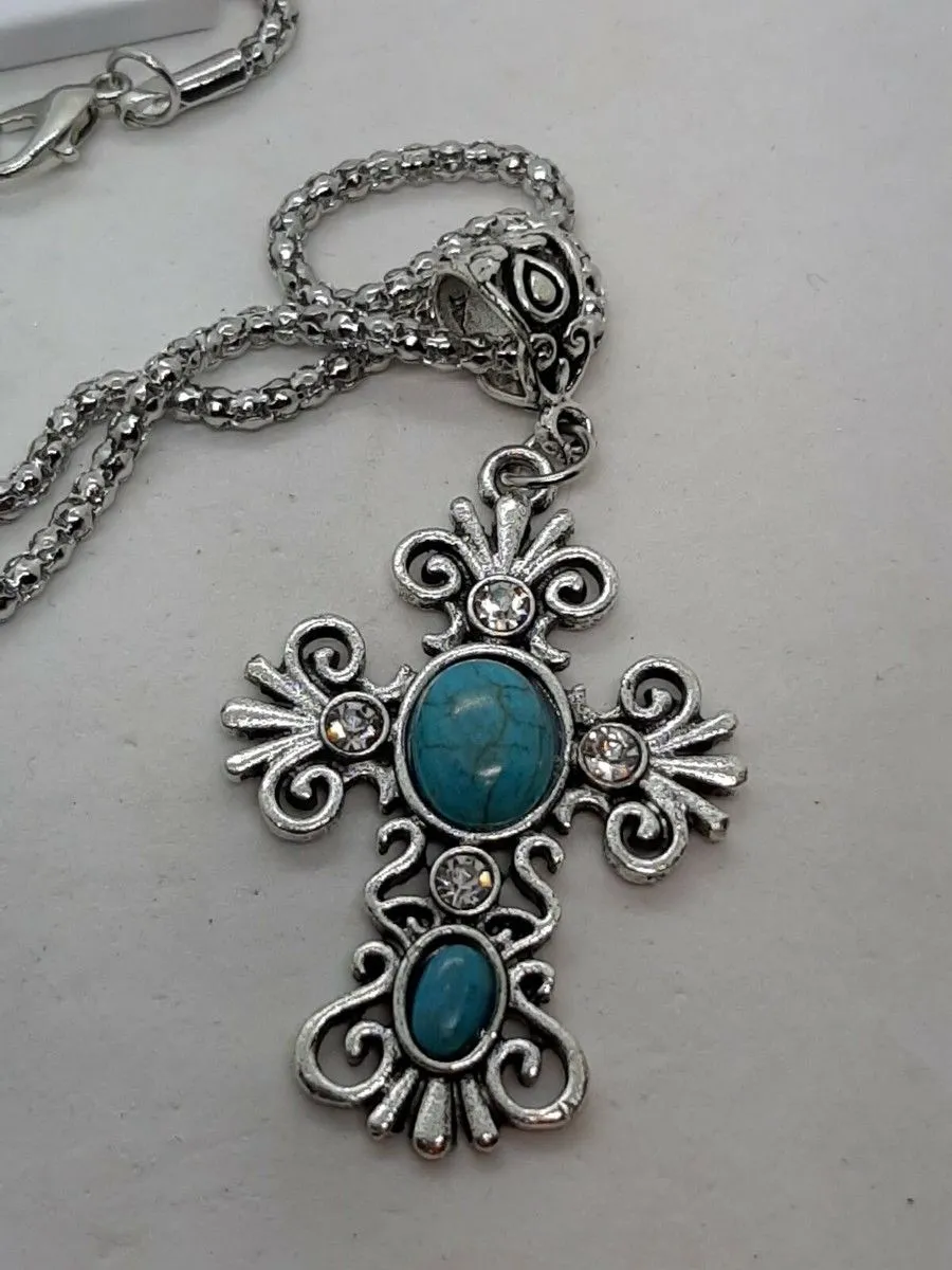 Product image for 0005  Turquoise Turquoise Magnesite Stone Cross Rhinestone Pendant