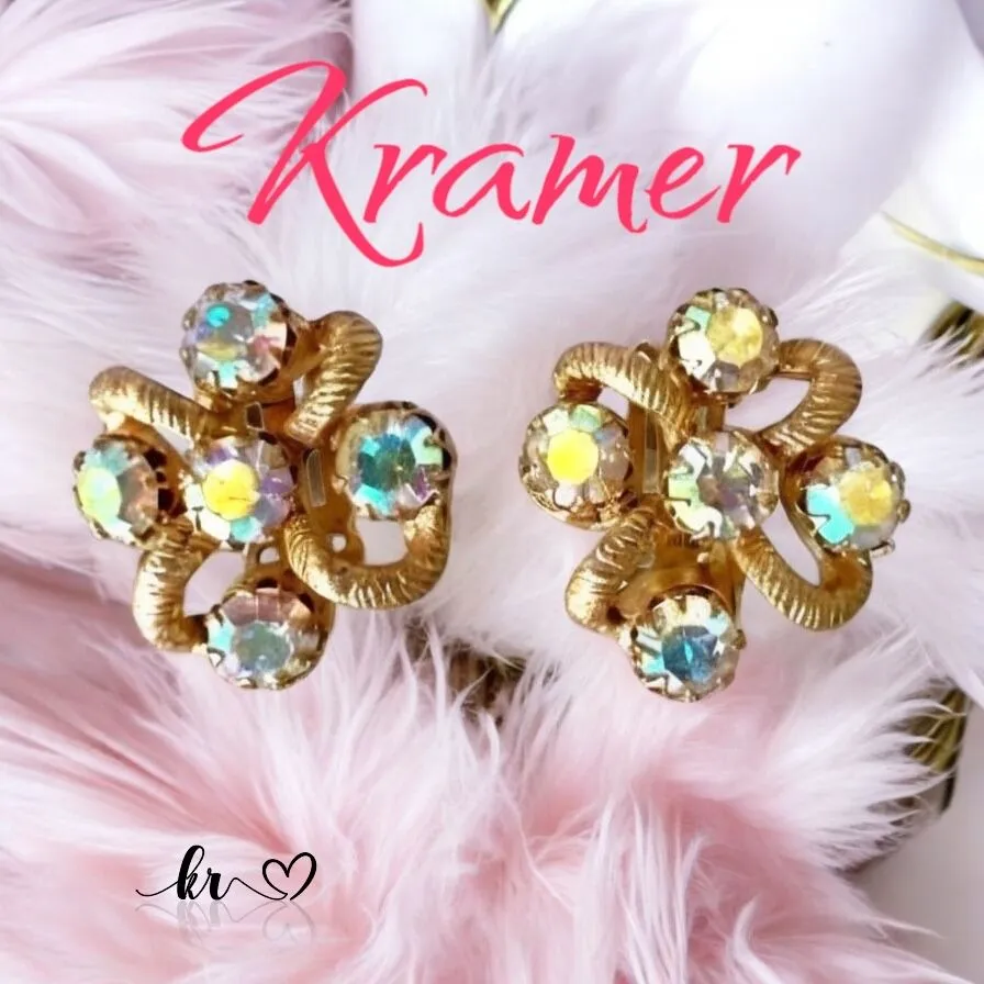 Product image for Rare Find: Vintage Kramer Textured Gold Tone Aurora Borealis Pinwheel 1” Clip-On Earrings
