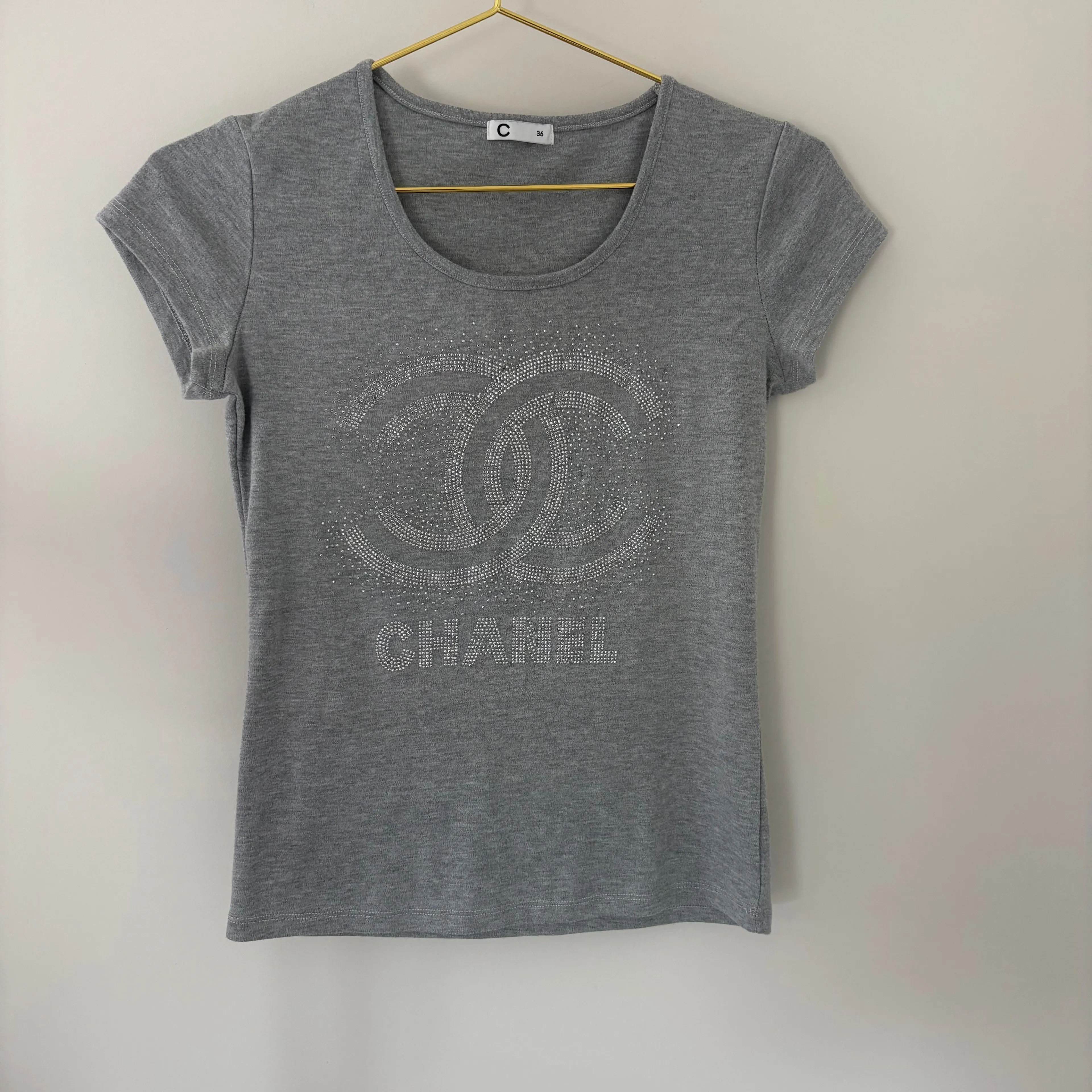 Product image for Fitted Tee with Rhinestones that spell Chanel