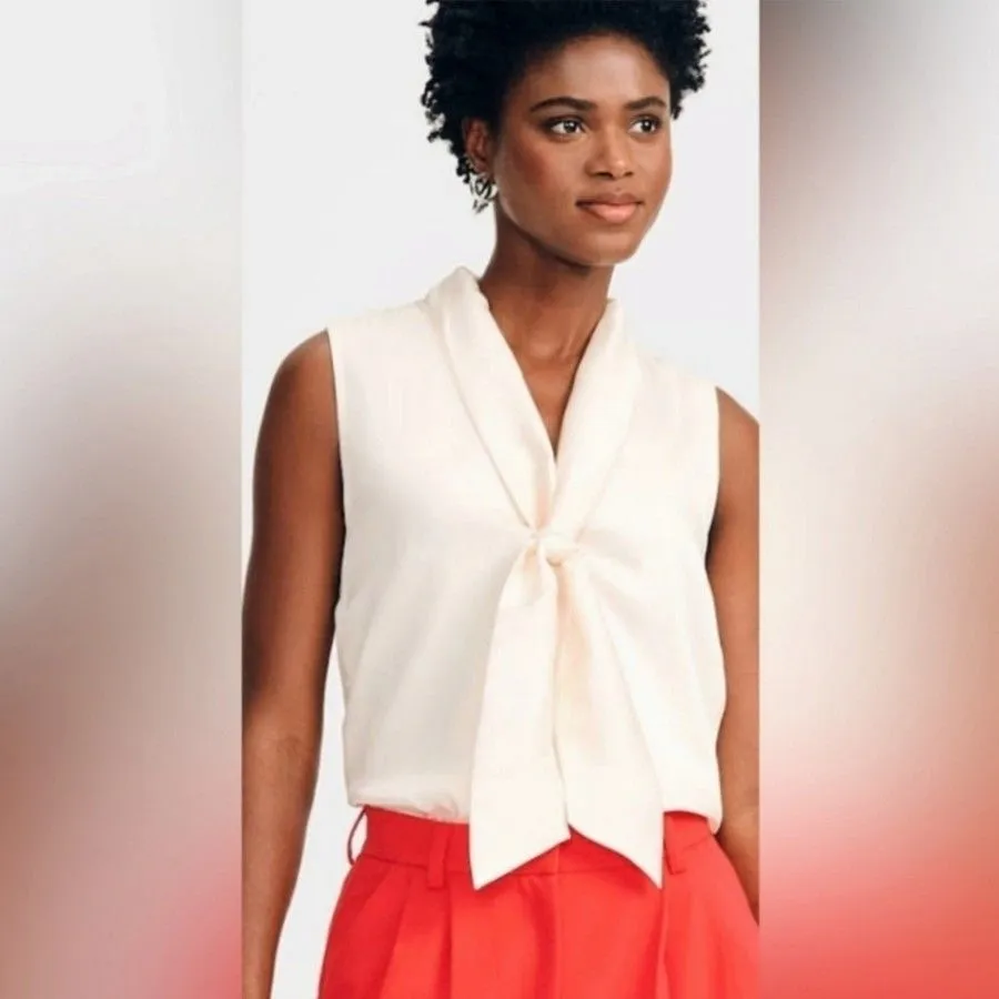 Product image for Isaac Mizrahi Women's Sleeveless Cream Satin Tie Front Lined Blouse  Size XXL 
