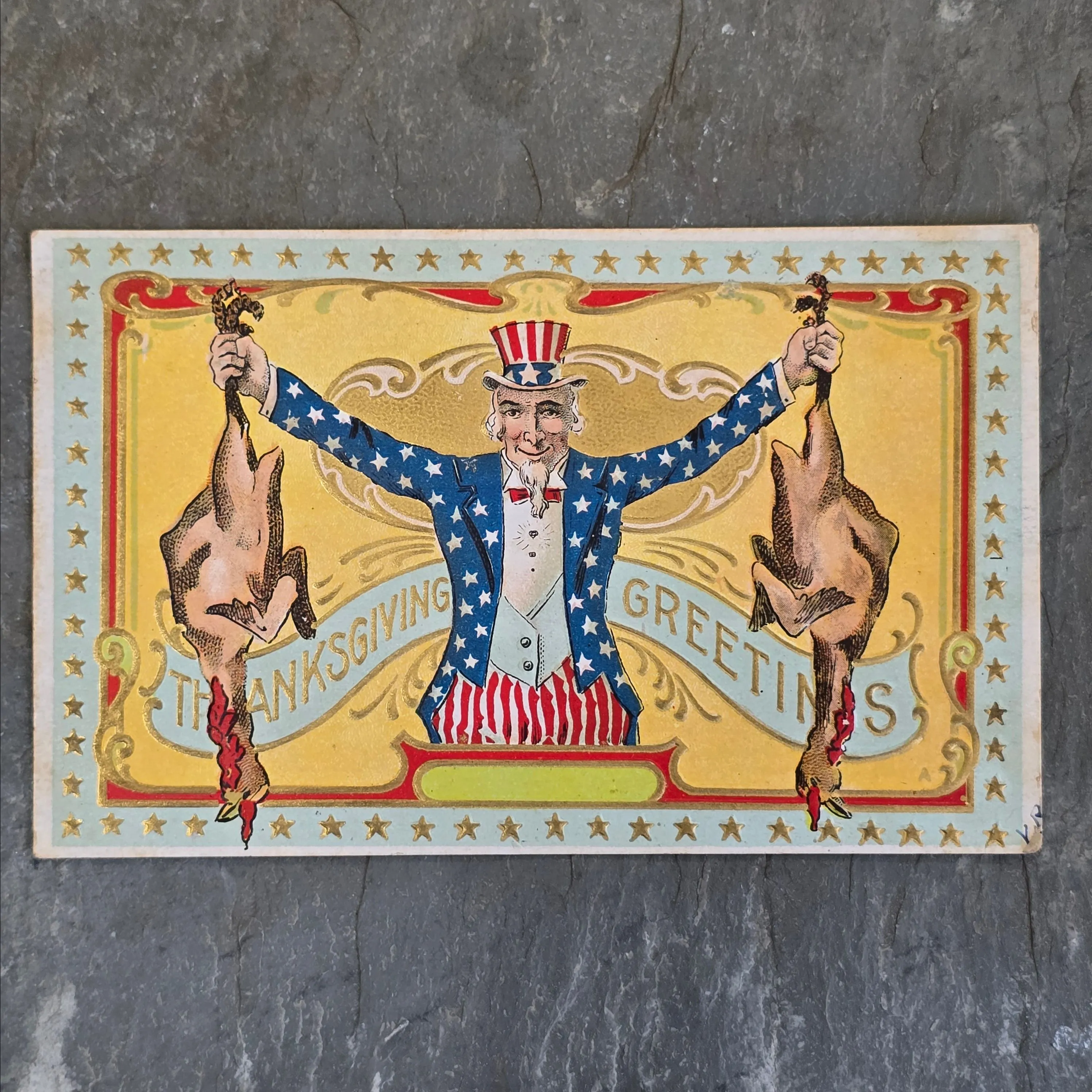 Product image for Antique Uncle Sam Holding Dead Turkeys Thanksgiving Greetings Embossed Postcard (WNB1-68)