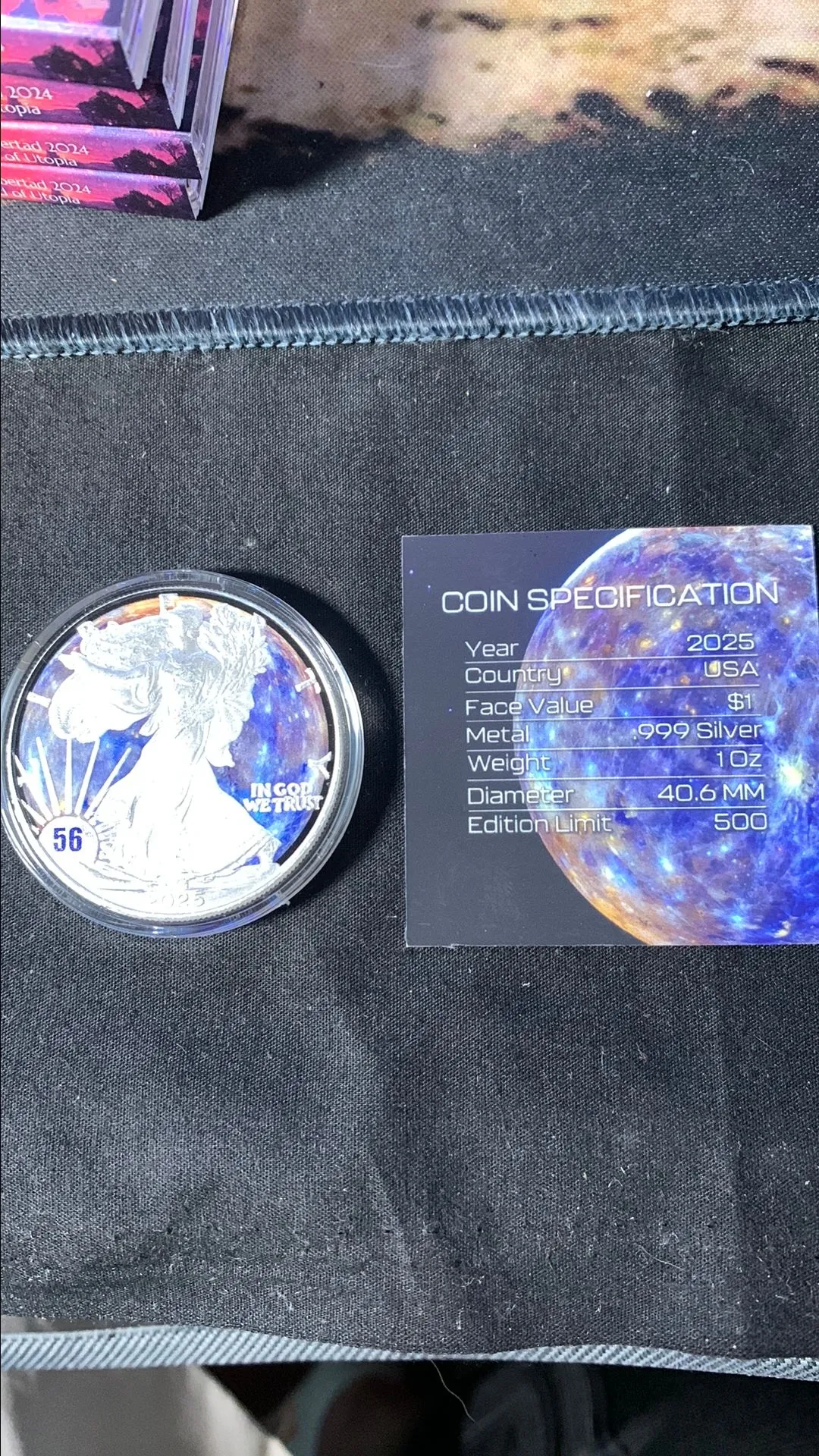 Product image for 500 MINTED PLANETS OF THE SOLAR SYSTEM SERIES MERICURY Silver Eagle 1 Oz Silver Coin 1$ USA 2024 TYPE ii ASE COLORIZED