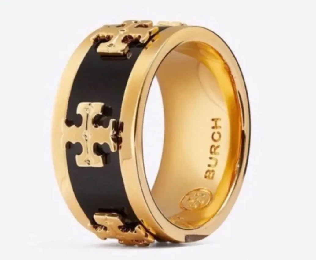 Product image for New TORY BURCH ENAMEL RAISED LOGO RING IN BLACK COLOR. SIZE 7