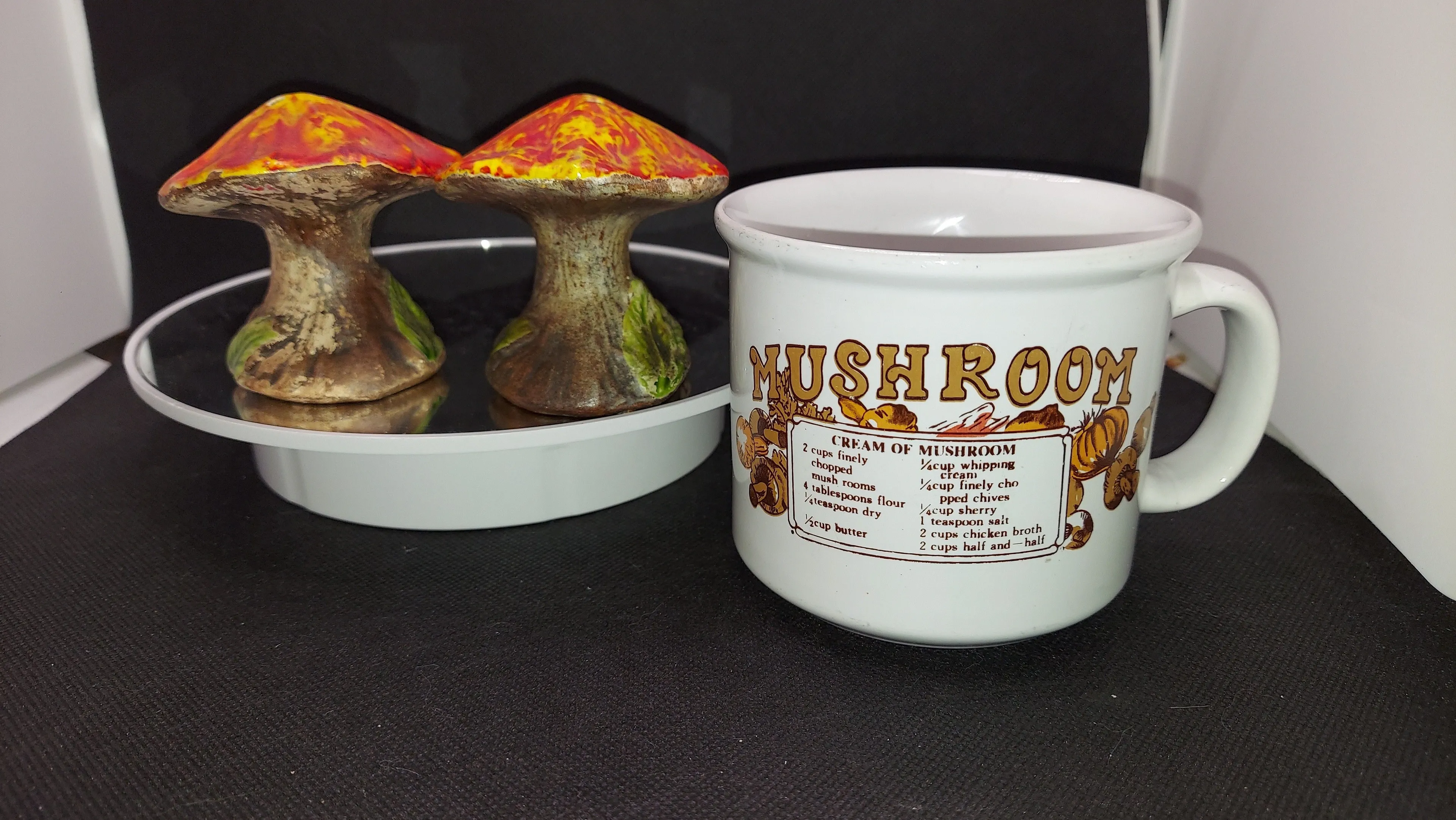 Product image for Vintage Mushroom Foraging 3 Piece LOT Mug Cup Bowl Soup Recipe SALT AND PEPPER