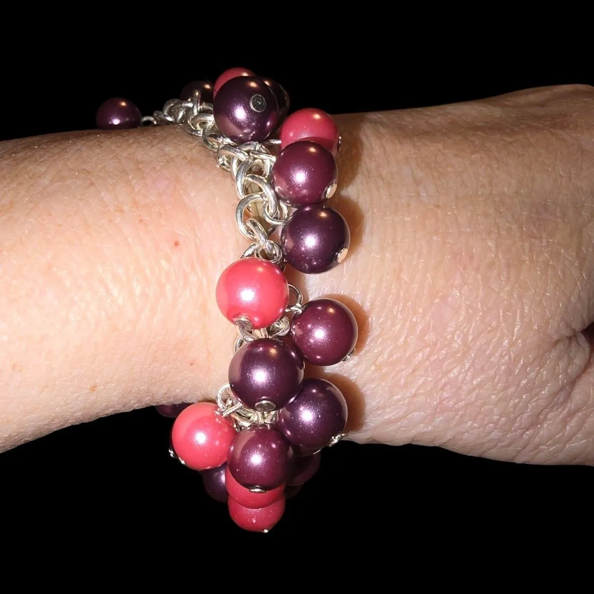 Product image for 014 Pink & Purple Faux Pearl Stretch Cha Cha Bracelet  7" not stretched 