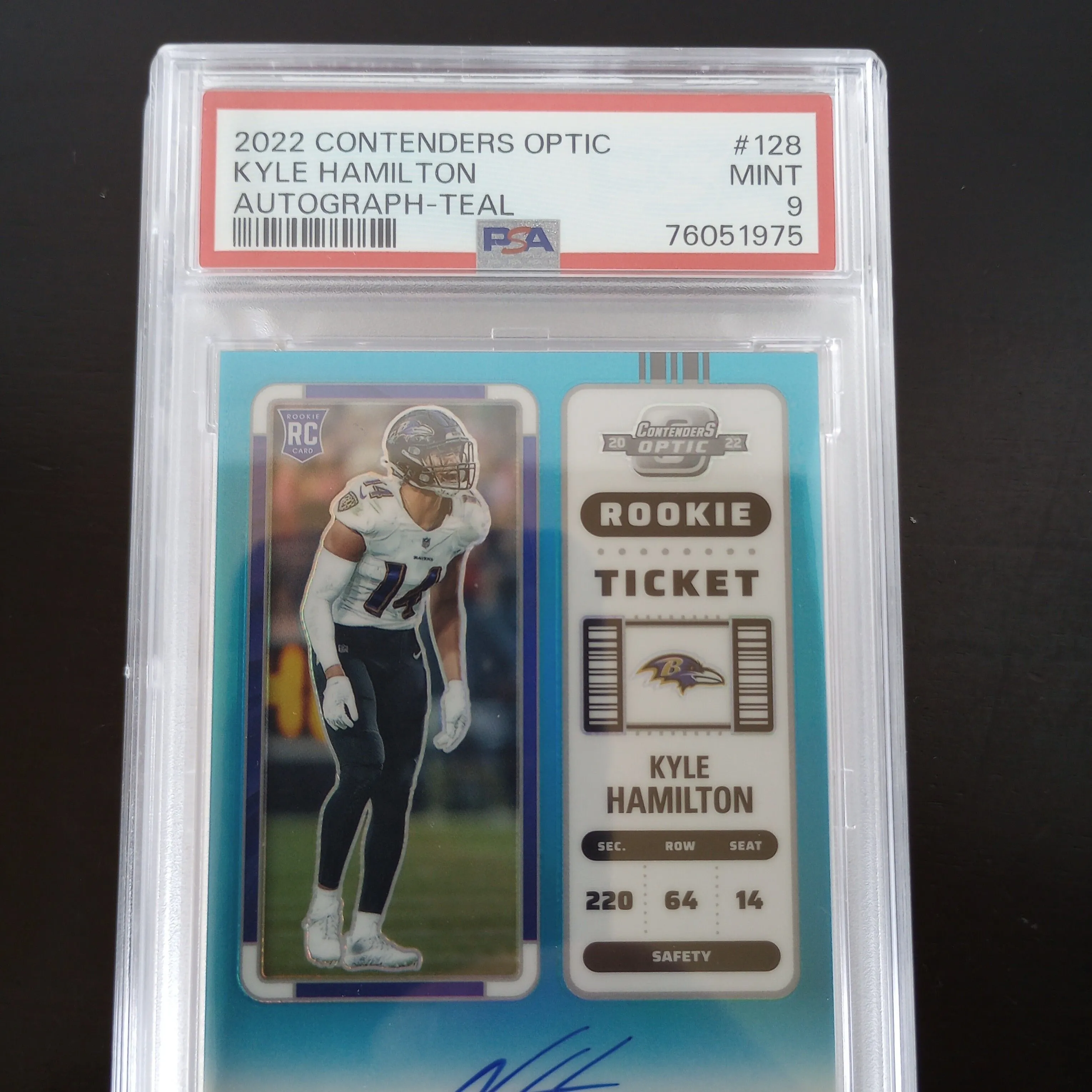Product image for Kyle Hamilton Contenders Optic Rookie Teal Auto 65/99 PSA 9