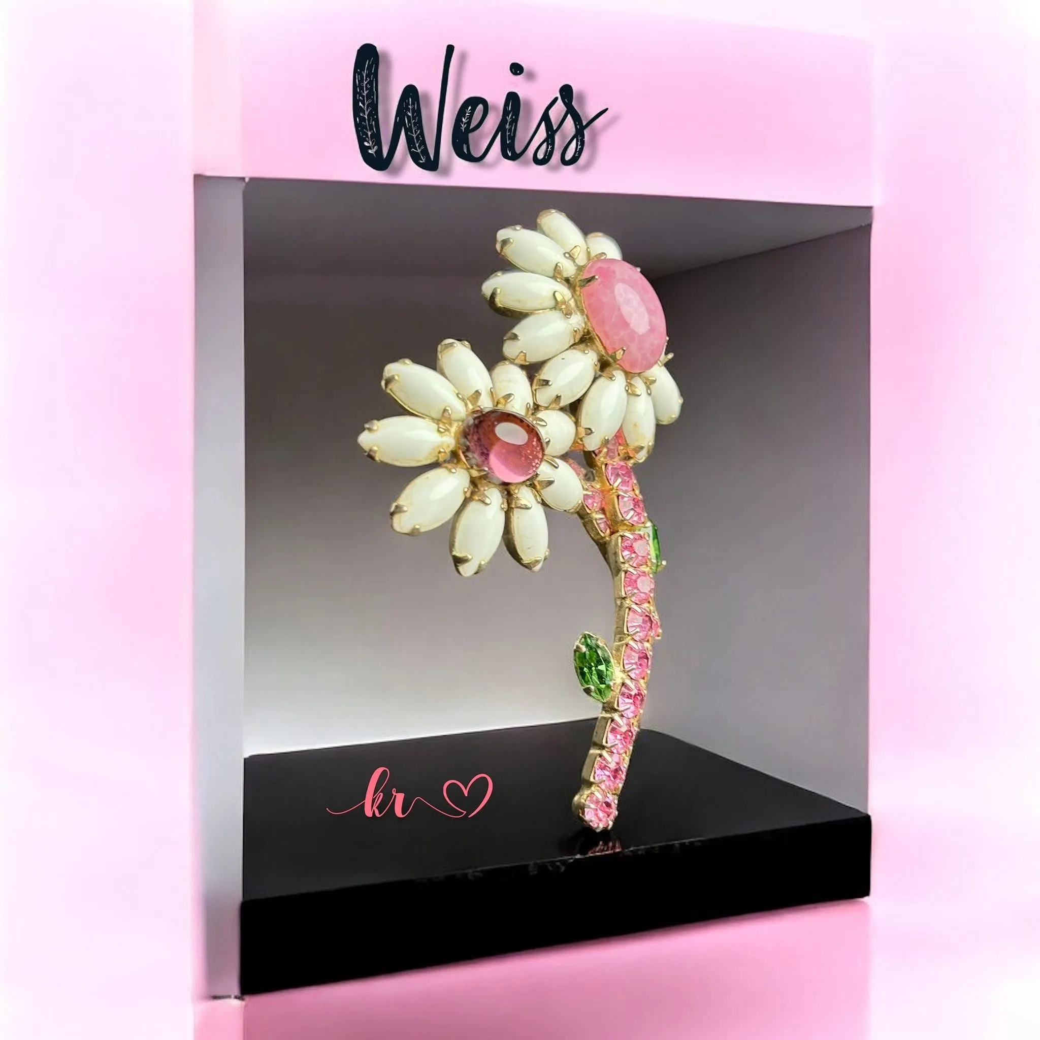 Product image for Stunning WEISS 1960's Double Daisy Brooch White Milk Glass Pink Rhinestones 3" Floral Pin