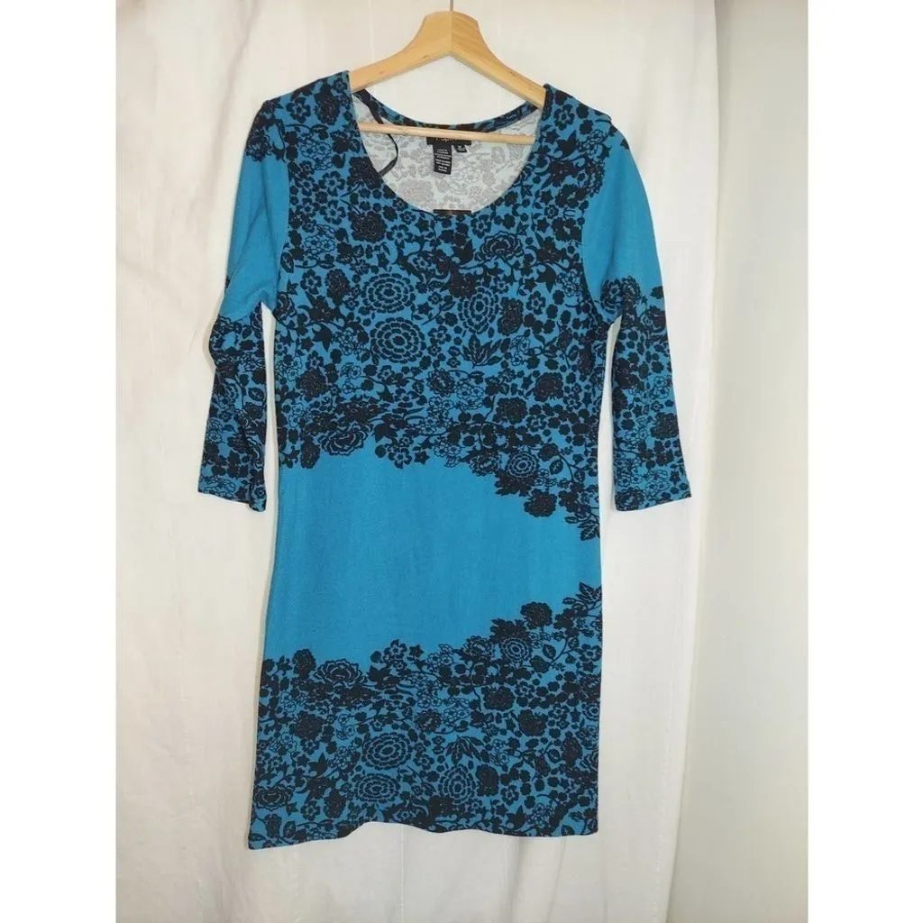 Product image for PAPILLON/NORDSTROM Floral Blue/Black Polyester/Spandex Below Knee Dressy…