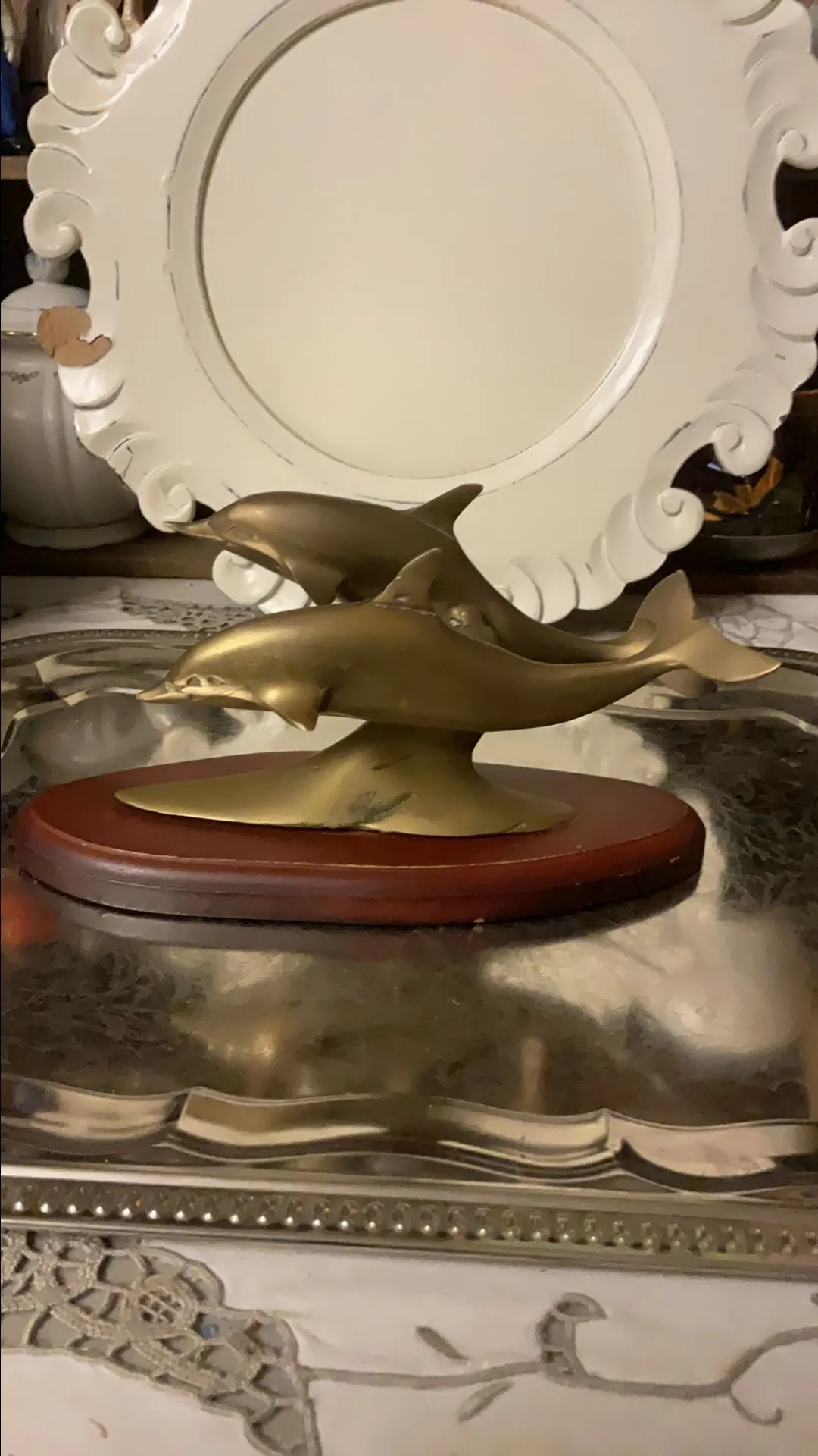Product image for Vintage Brass swimming Dolphins on wood base