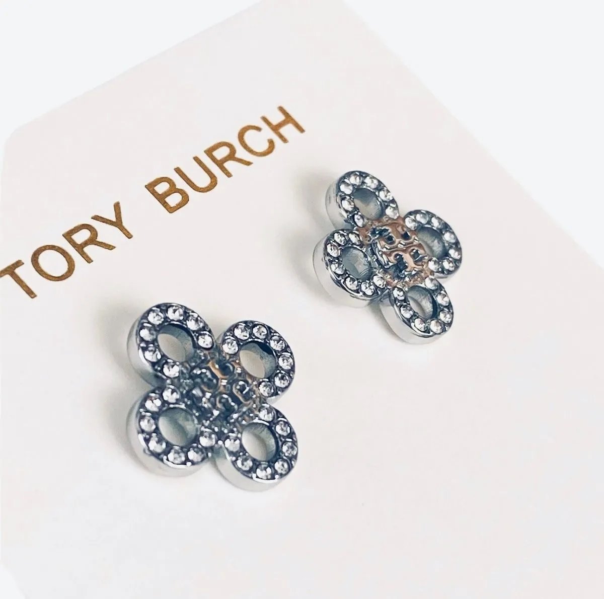 Product image for NEW Tory Burch Silver Pave Logo & Clover Stud Earrings with Dust Bag on TB Card