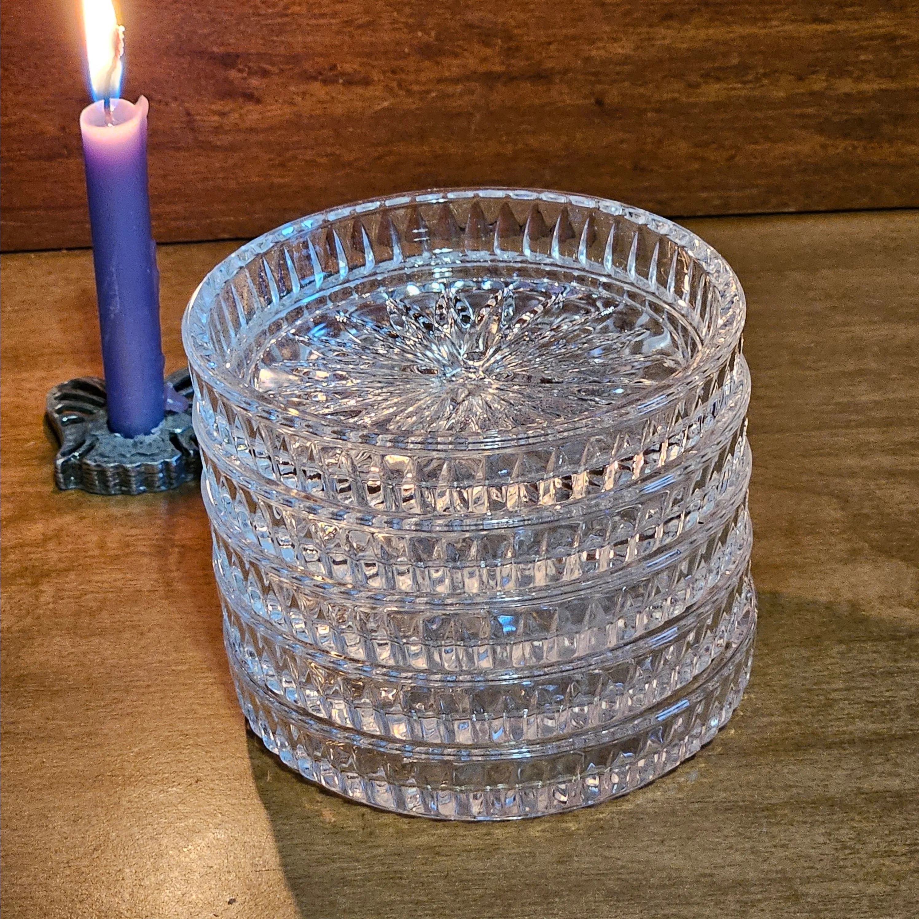 Product image for Vintage Pressed Glass Coasters Set of 5 – Starburst Design | Heavyweight Cut Glass Drinkware | Elegant Clear Crystal Look | 1980s decor