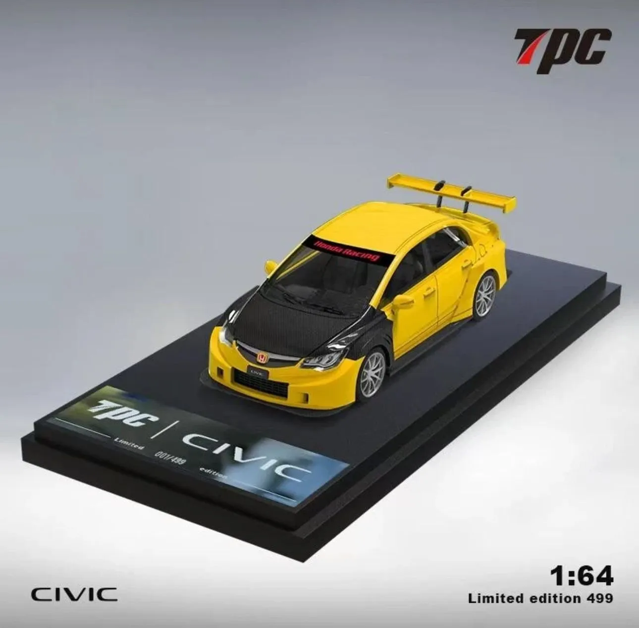 Product image for HONDA CIVIC FD2 YELLOW CARBON HOOD 499 MADE 1/64 DIECAST CAR MODEL BY TPC MODELS