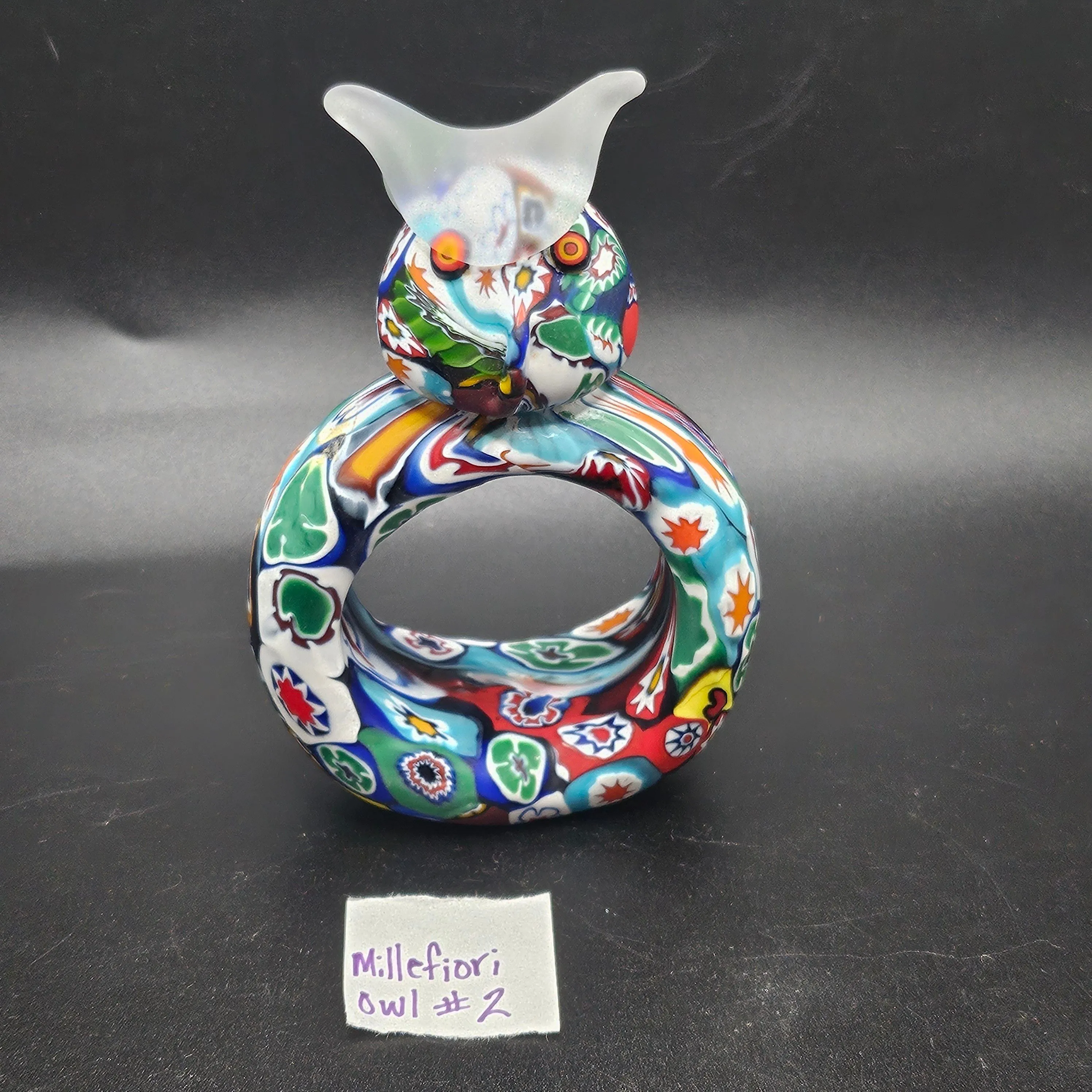 Product image for #2 HTF Vintage KB Italy Murano Venetian Art Glass Satin Millefiori Cut Cane Owl Napkin Ring RARE!