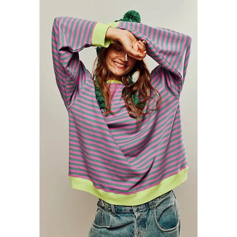 Product image for Free People Classic Striped Oversized Crewneck Pink Combo NWOT Size XL