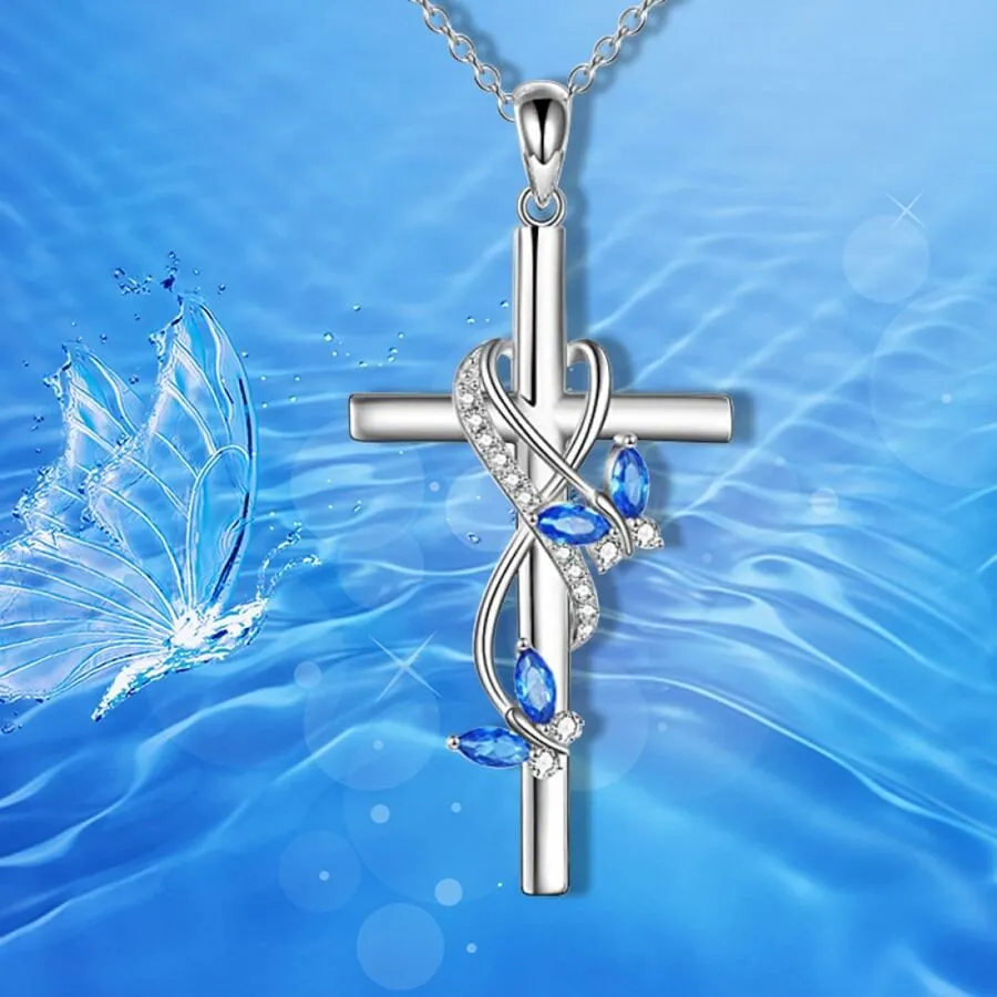 Product image for N03.  Necklace Cross Blue Rhinestone Butterfly Pendant Silver-tone New