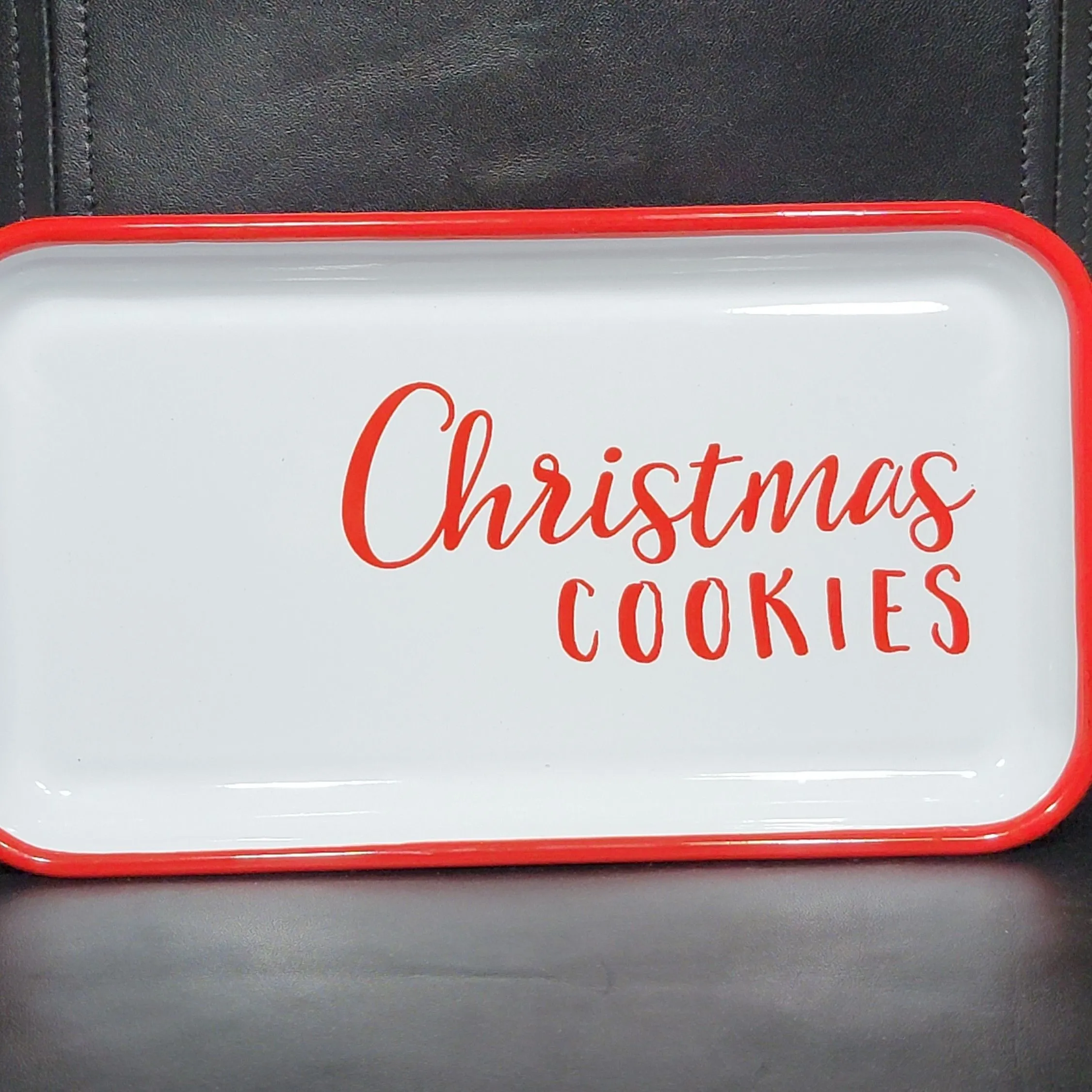 Product image for Enameled Tray "Christmas Cookies" White Red Trim Rectangle Plate 8.5" x 4.75"