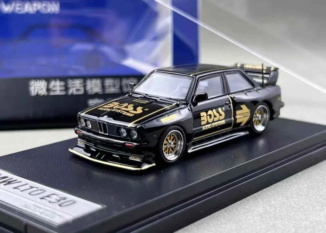 Product image for BMW E30 LTO BOSS LIVERY BRIGHT BLACK 499PCS 1/64 DIECAST CAR BY STREET WEAPON SW