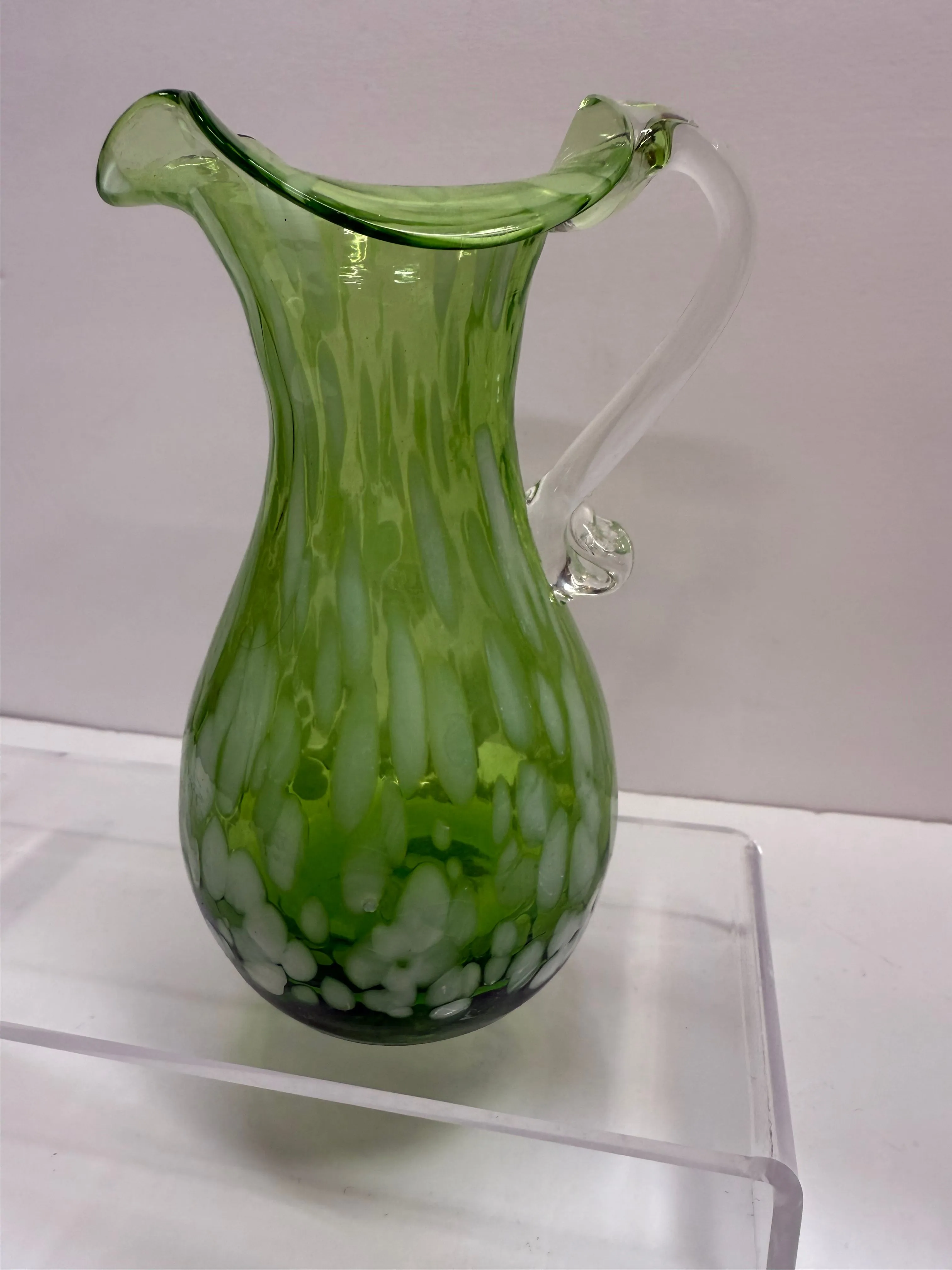 Product image for 1079 Kanawha Green Spatter Blown Glass Small Pitcher Vintage