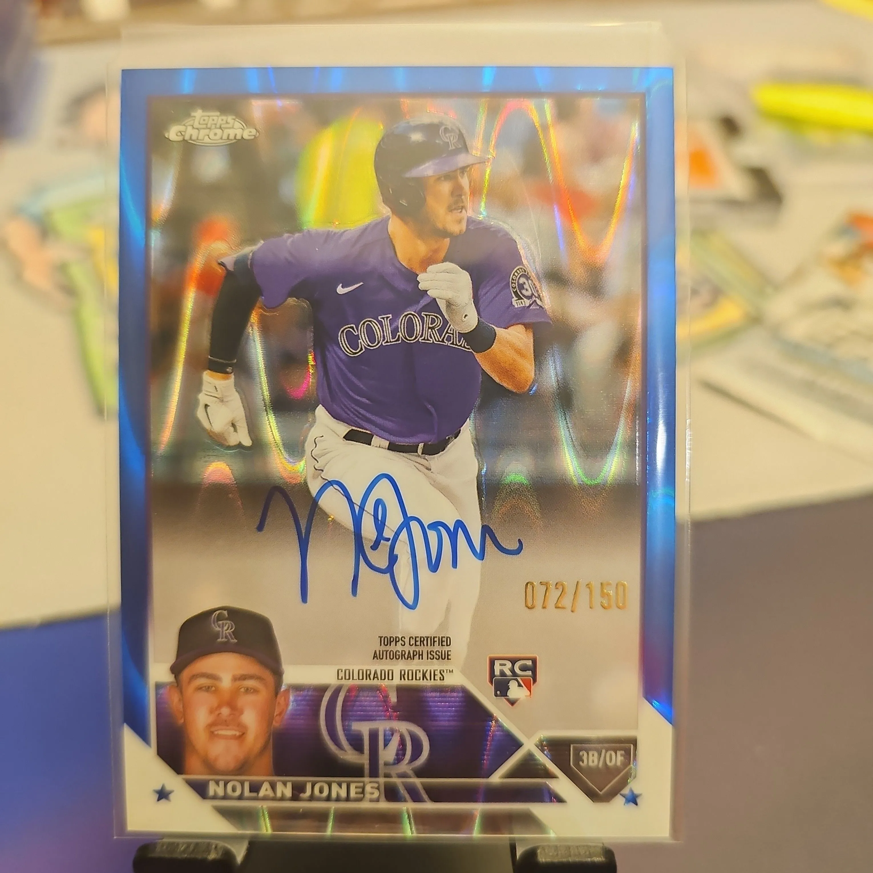 Product image for Nolan Jones - /150 Blue Wave RC Auto 2023 Topps Chrome - Rockies
