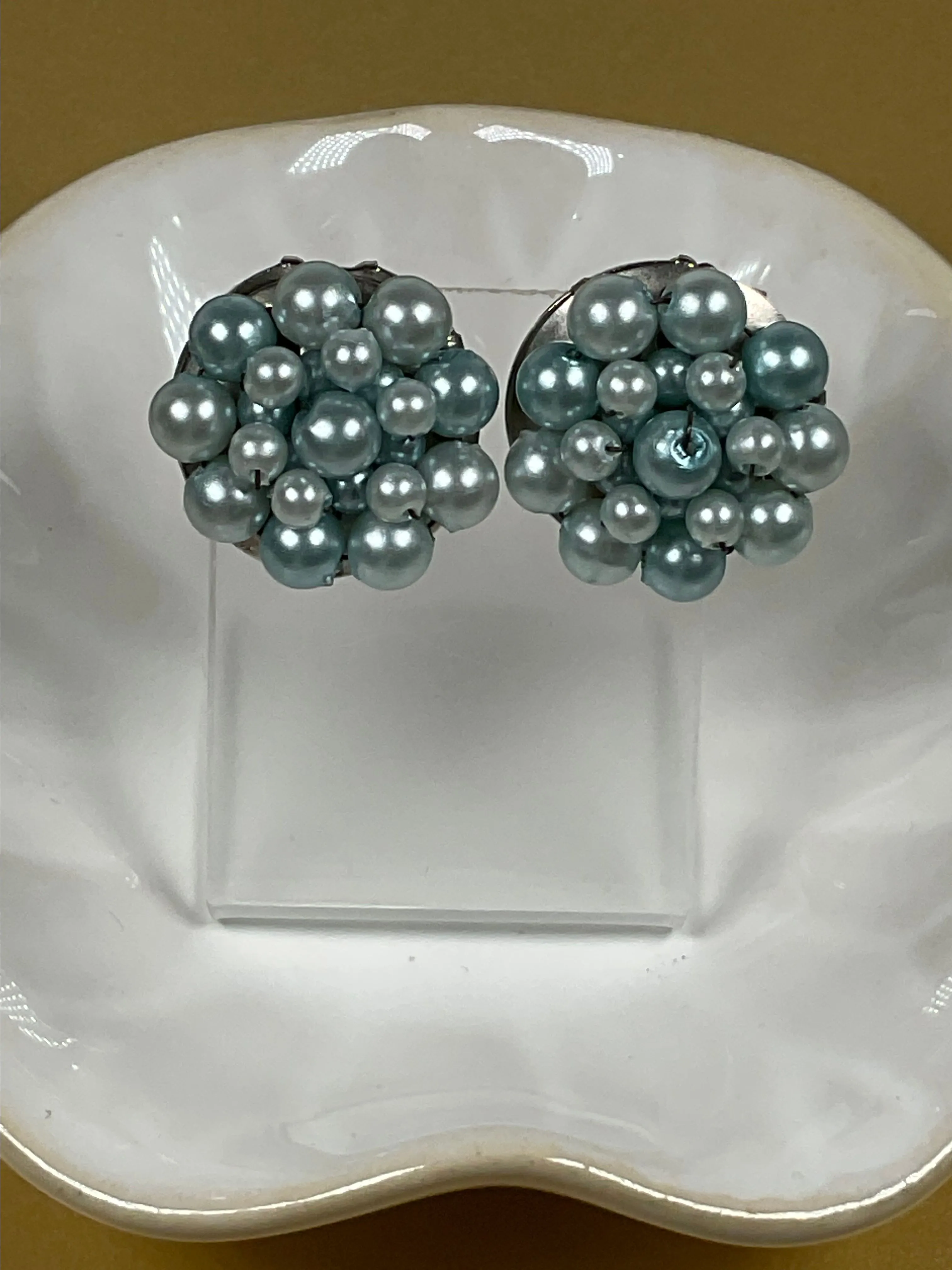 Product image for #65: 🌸 Vintage Blue Pearl Cluster Clip-On Earrings | Classic 1950s Style | Retro Glam ✨