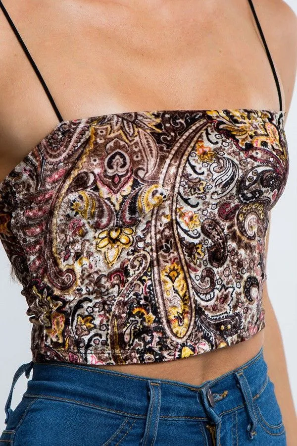 Product image for LARGE Paisley Velvet Spaghetti Strap Crop Top