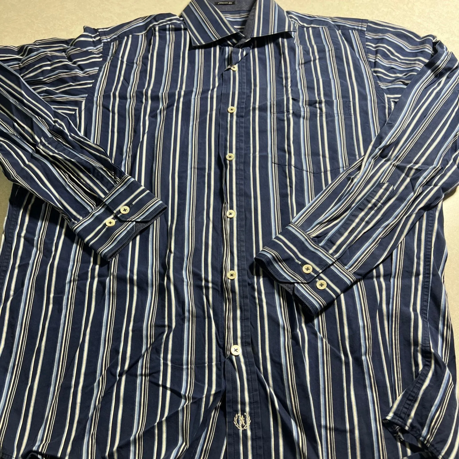 Product image for Bugatchi men's dress shirt striped blue and white Size L classic fit