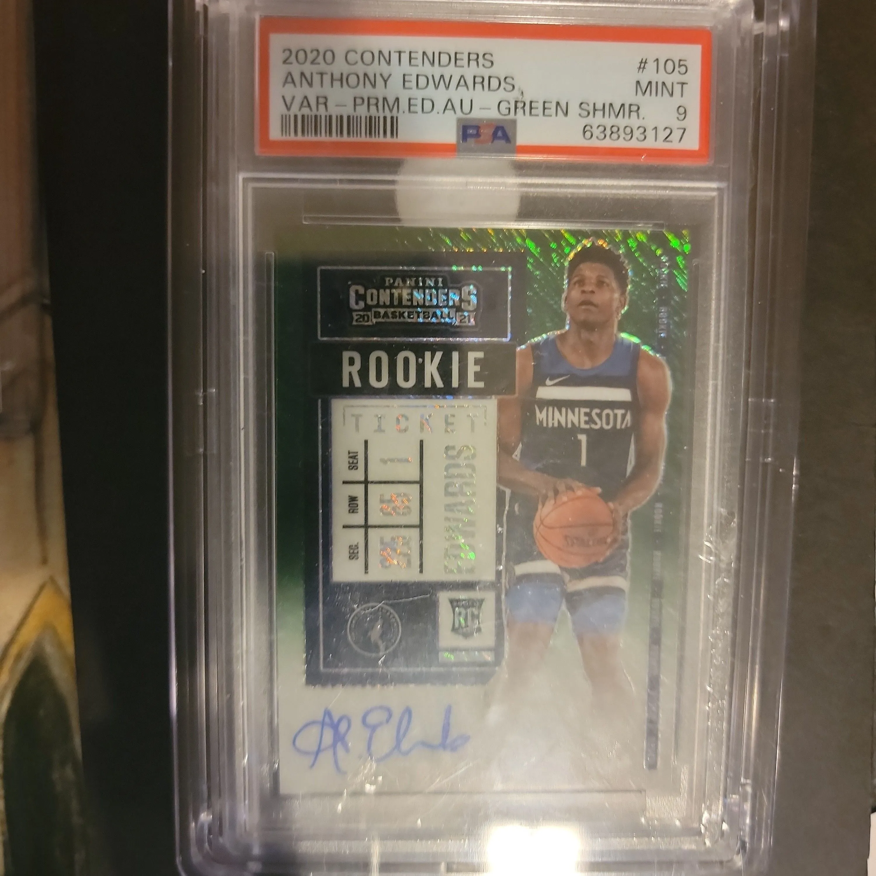 Product image for 2020 Panini Contenders Anthony Edwards 105 Var-Prm.Ed.Au-Green Shmr. PSA MINT 9