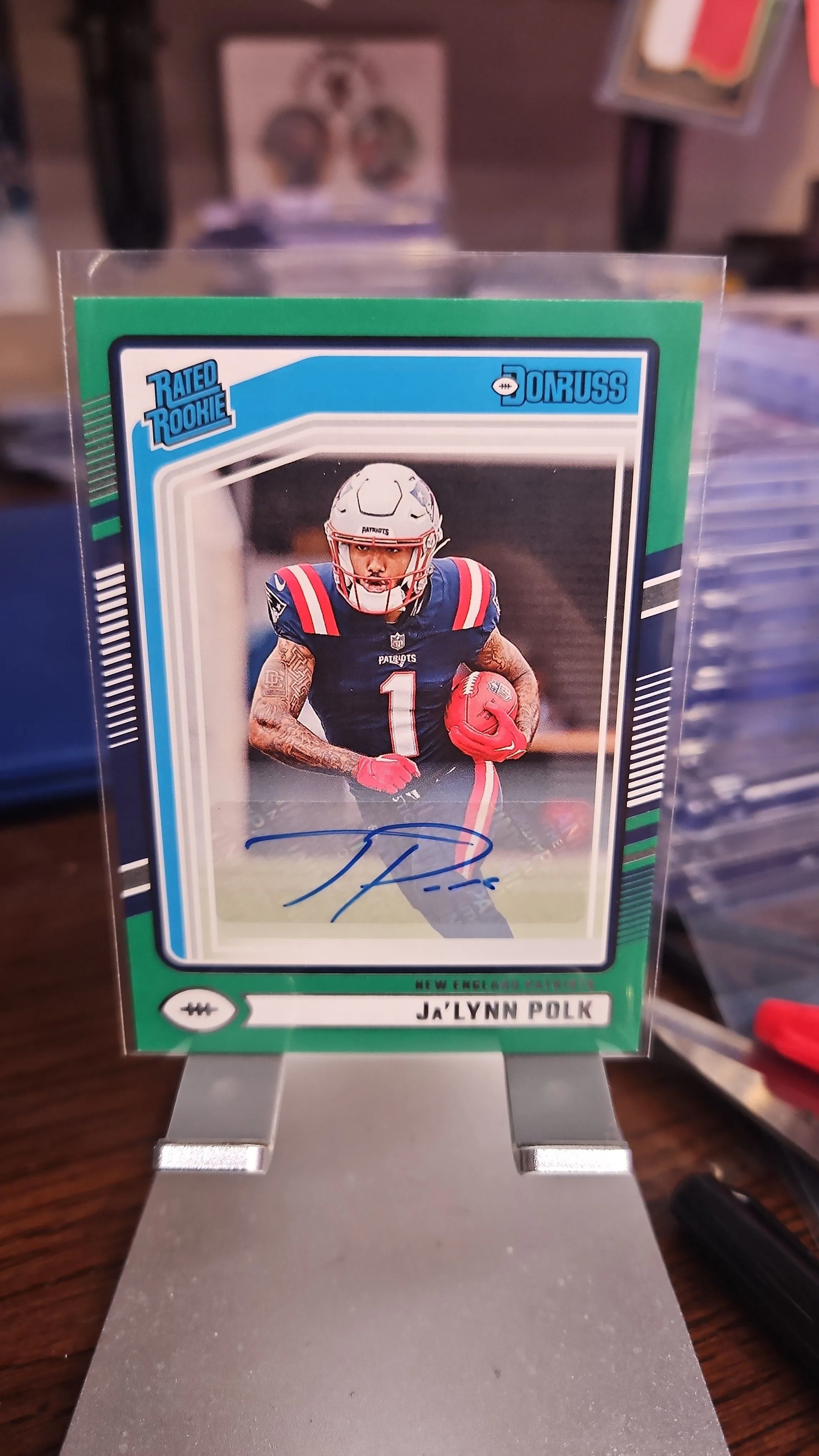 Product image for JaLynn Polk Rookie Auto...2024 Donruss Rated Rookie Green...Patriots.