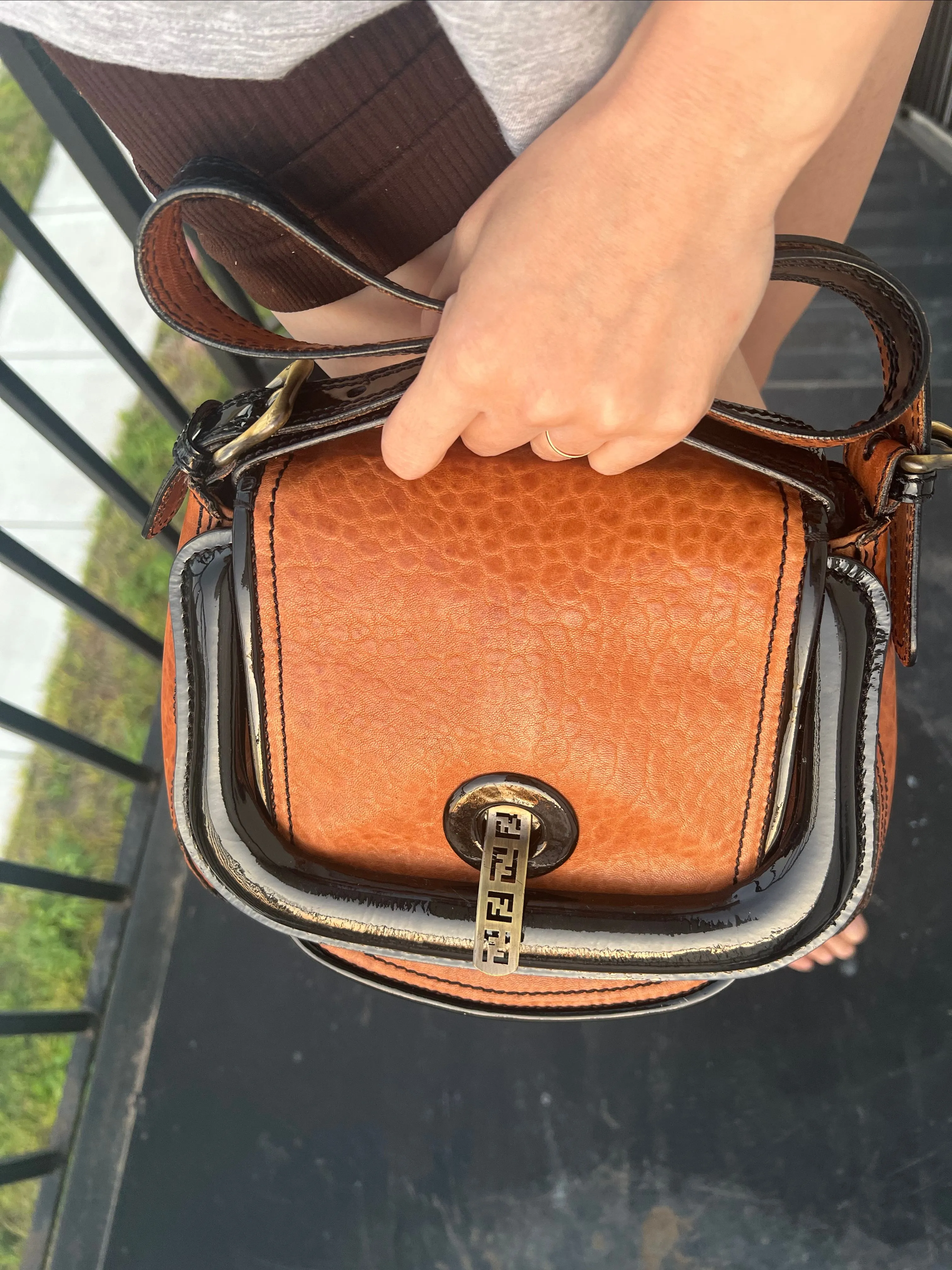 Product image for #192 Fendi orange leather and black patent leather bag