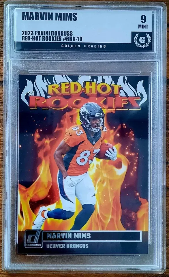 Product image for Marvin Mims 2023 Panini Donruss Red-Hot Rookies RC #RHR-10 Golden Grading (GG) 9 Mint