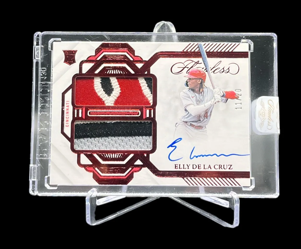 Product image for 2023 Panini Flawless Elly de la Cruz Rookie Dual Patch Signatures Ruby /15 #RDS-ED