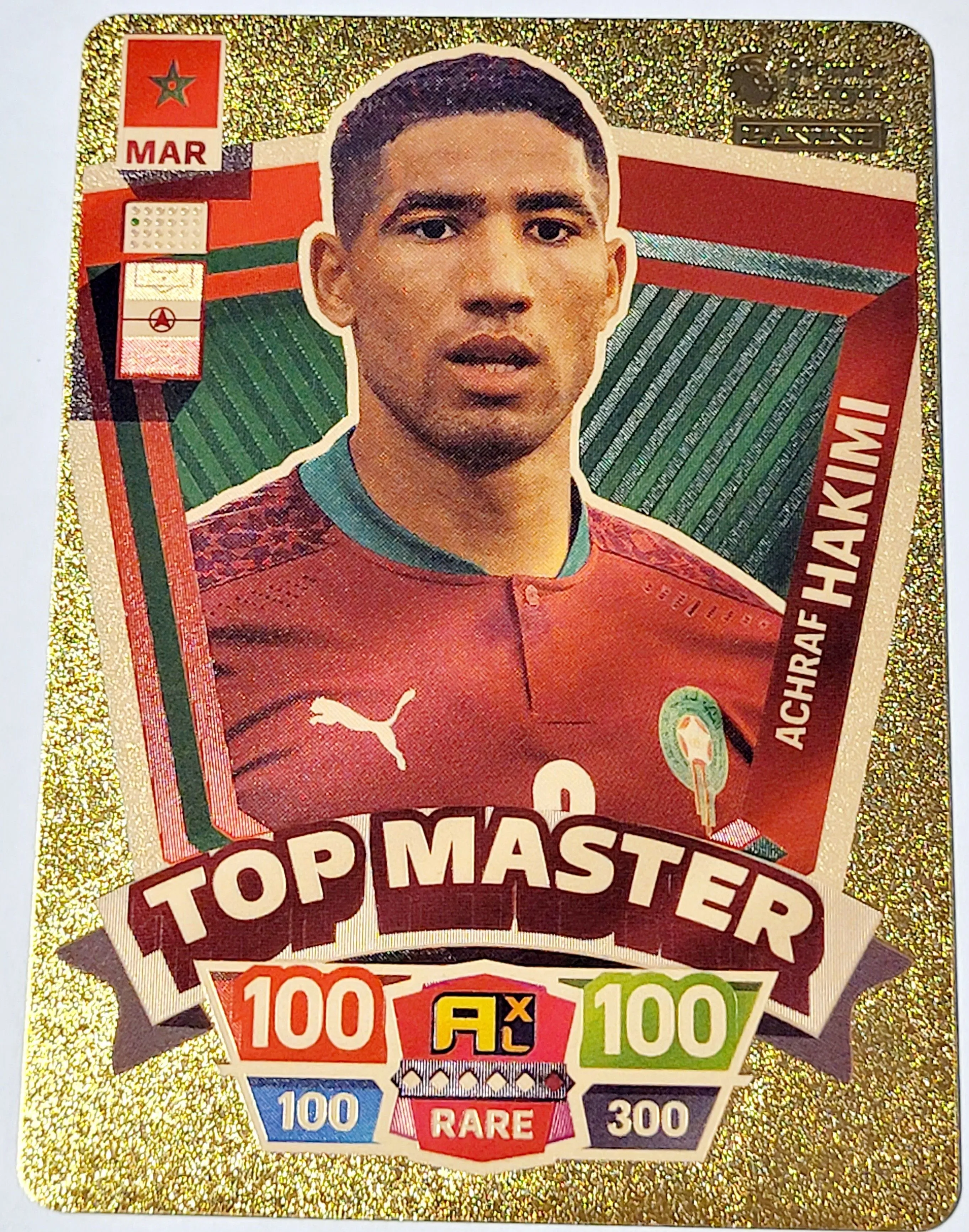 Product image for 2022 Achraf Hakimi Panini World Soccer Stars Top Master Plastic Gold Color Card Near Mint Condition.
