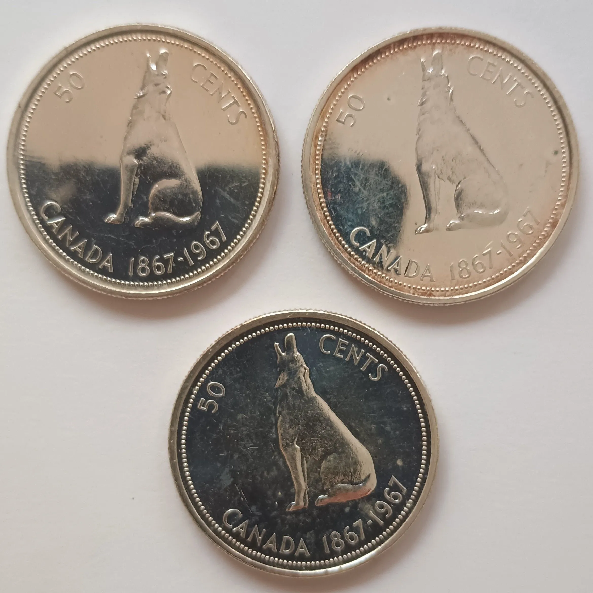 Product image for Lot (3) Canada 80% Silver 50 Cents Half Dollars 1967 Howling Wolf. a3
