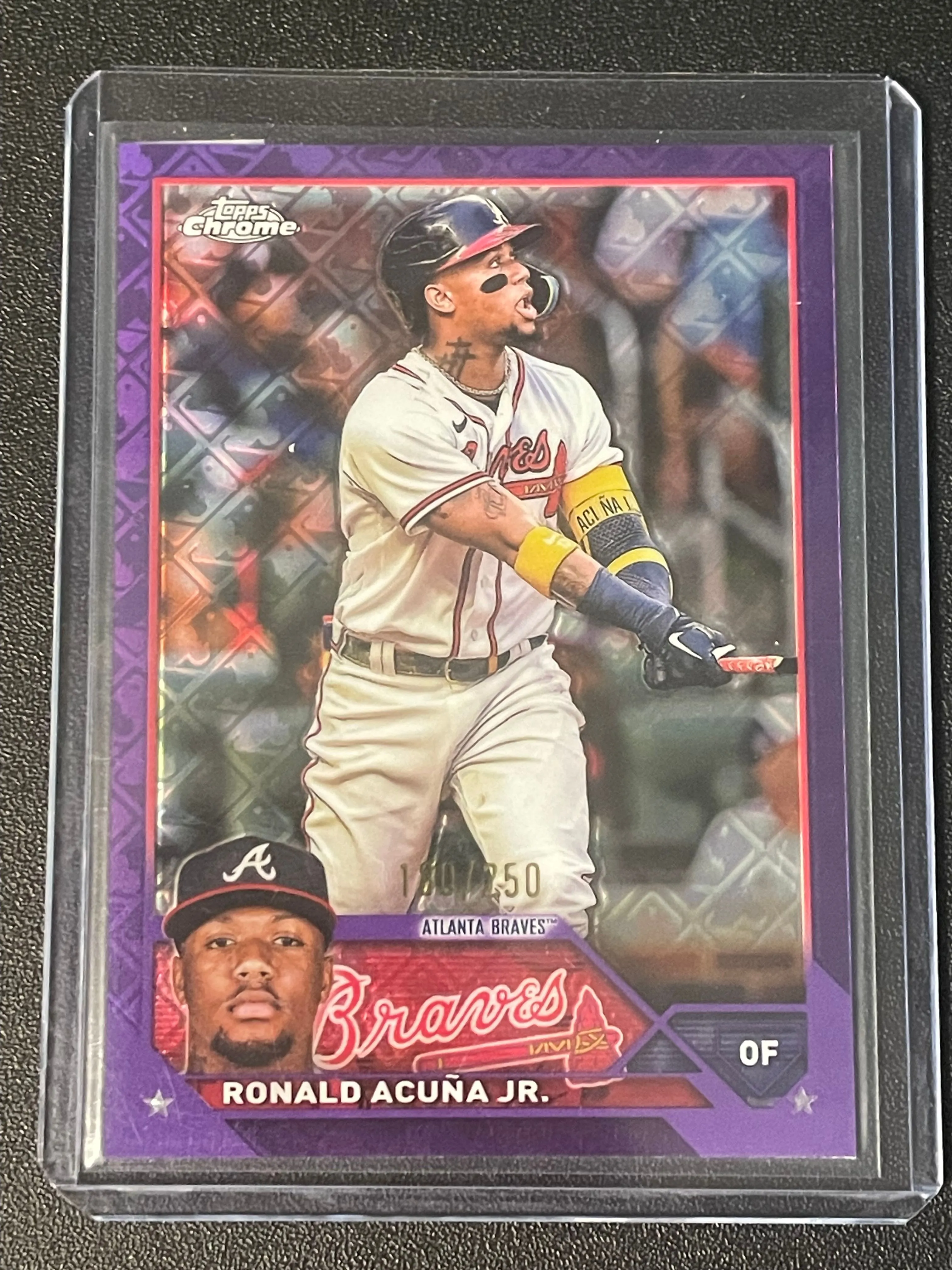 Product image for 2023 Topps Chrome Logofractor Ronald Acuna Purple Refractor #180/250 - Atlanta Braves