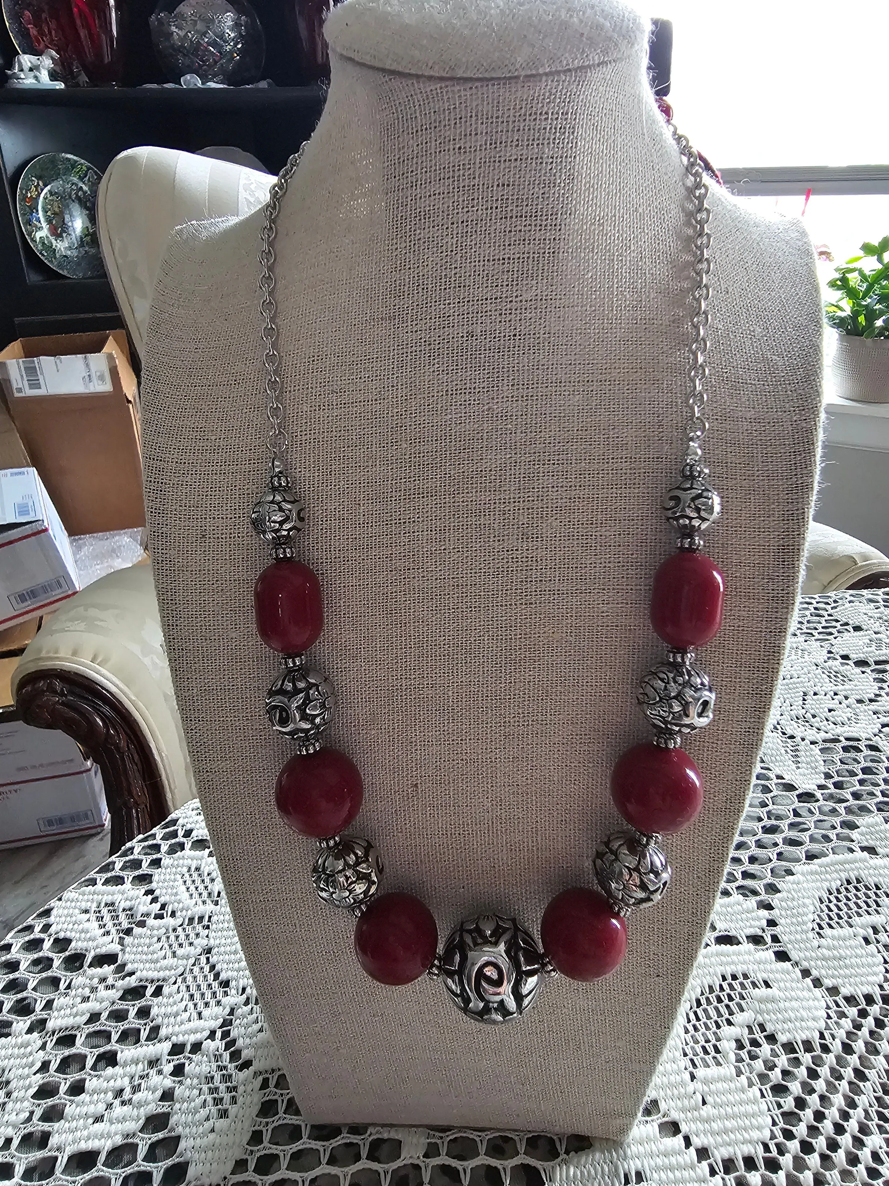 Product image for Deep red beaded Necklace and earrings 