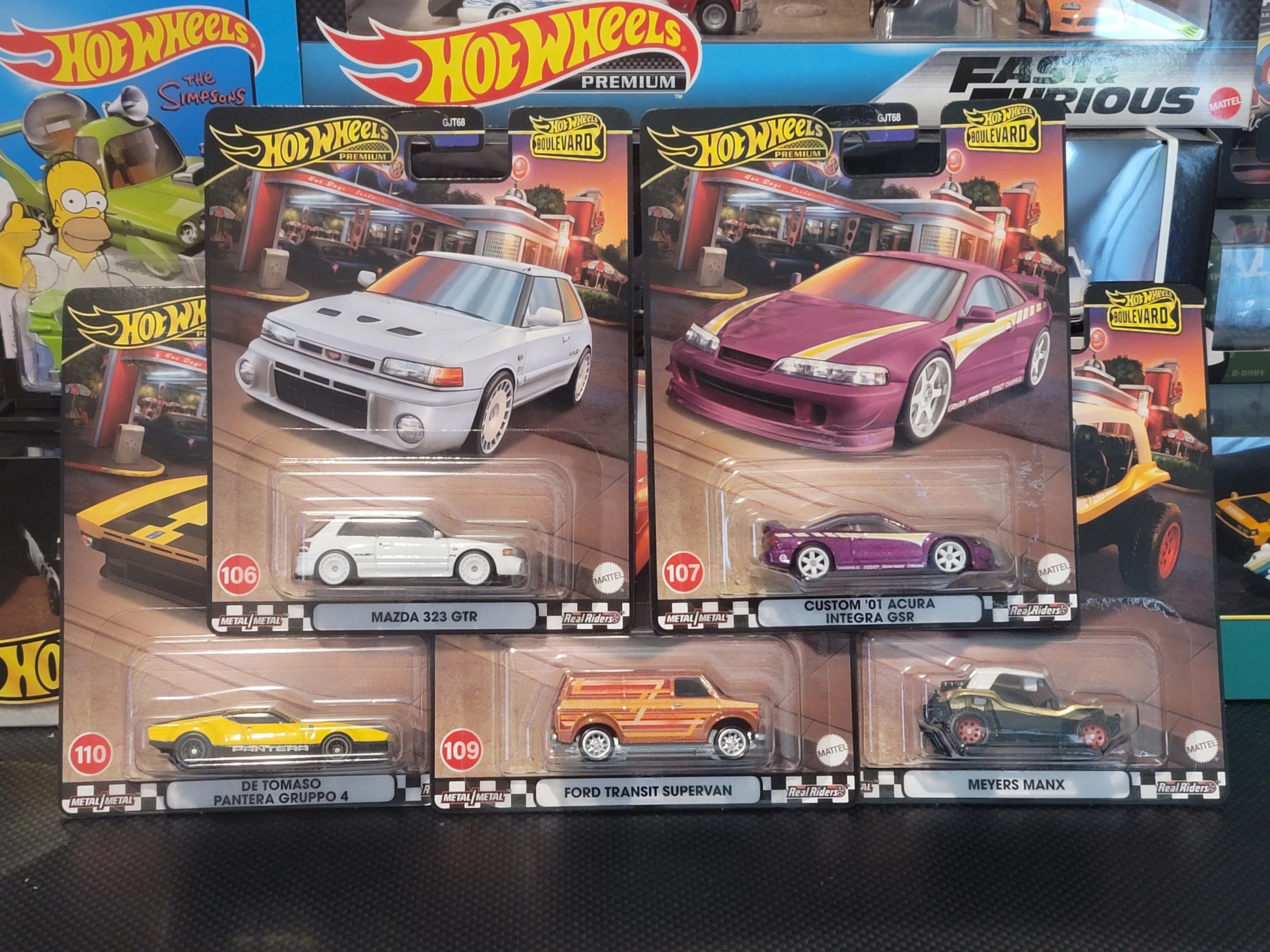Product image for Acura Integra, Mazda, Ford Transit, Meyers Manx, Panterra Grupo Complete 5 Car Set Case Y 2024 Hot Wheels Boulevard GJT68
